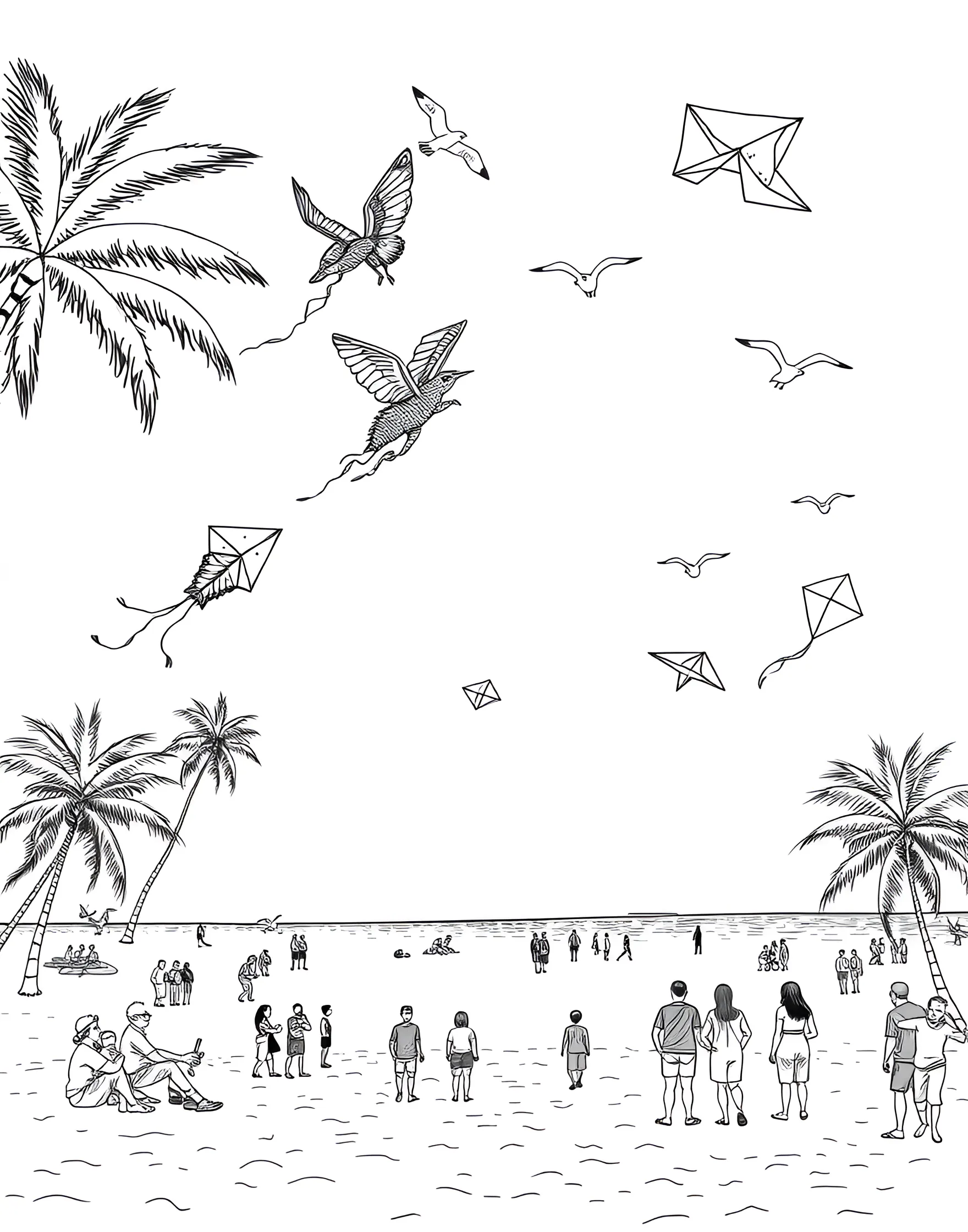 Beach Kite Flying Festival Coloring Page -- prompt: "A beach full of people flying diverse, colorful kites against a clear sky." -- Soar into the sky with this lively kite flying scene. The coloring page depicts a beach filled with people of all ages flying colorful kites of various shapes and sizes. Streaming tails and looping stunts add movement and excitement to the breezy beach day.