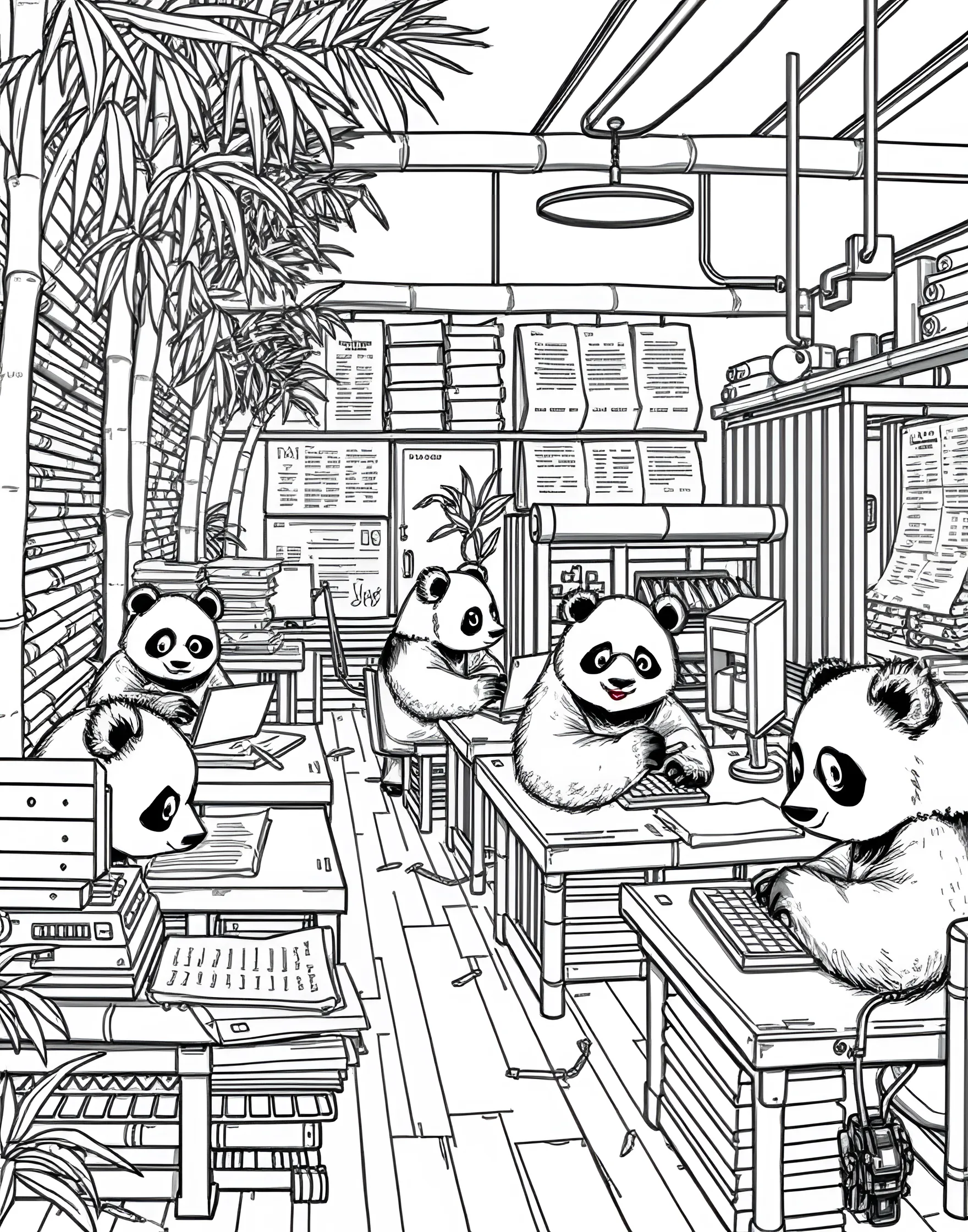 Panda's Bamboo Newspaper Office Coloring Page -- prompt: "Pandas working in a bamboo newspaper office with leaf papers and a bamboo printing press." -- Extra, extra! Read all about it in this journalistic panda coloring page. Pandas busily work in a newspaper office, typing on bamboo computers and conducting interviews. The printing press, made entirely of bamboo, churns out newspapers on large bamboo leaves.