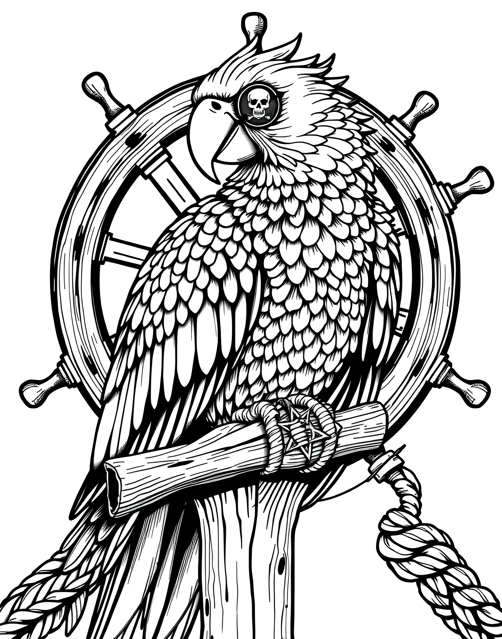 Pirate's Parrot Companion Coloring Page -- prompt: "A colorful parrot with a pirate eyepatch perched on a wooden pole." -- Every pirate needs a loyal companion, and this colorful parrot fits the bill perfectly. Perched and ready for adventure, this feathered friend is full of personality. Children can explore vibrant color combinations to bring this tropical bird to life.