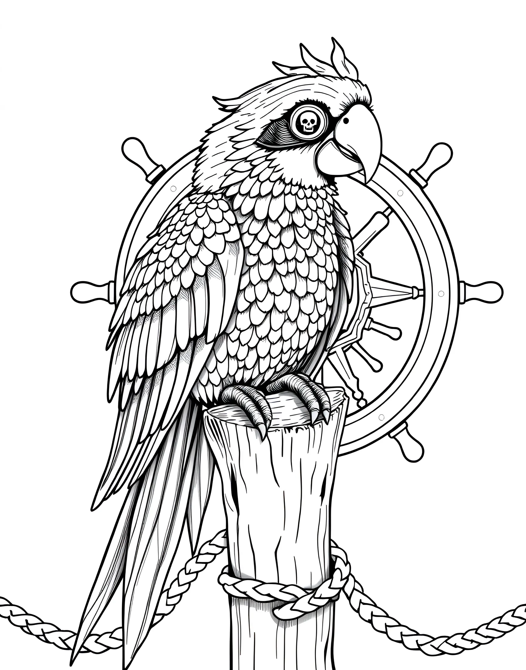 Pirate's Parrot Companion Coloring Page -- prompt: "A colorful parrot with a pirate eyepatch perched on a wooden pole." -- Every pirate needs a loyal companion, and this colorful parrot fits the bill perfectly. Perched and ready for adventure, this feathered friend is full of personality. Children can explore vibrant color combinations to bring this tropical bird to life.