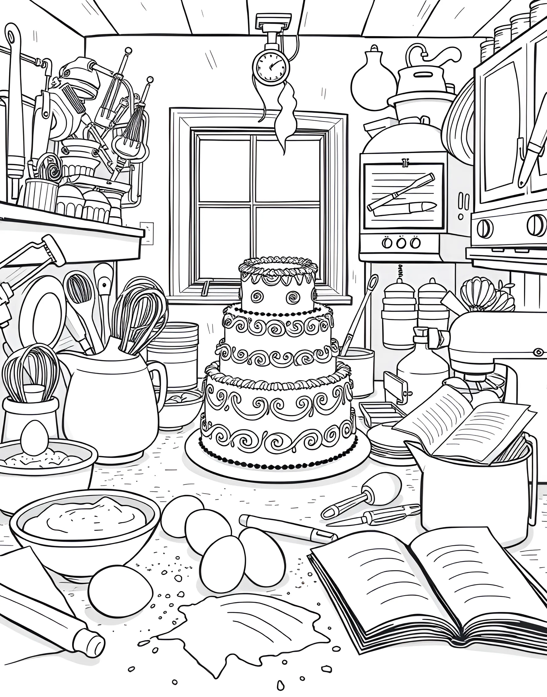 Baking Day Bonanza Coloring Page -- prompt: "A kitchen scene with baking tools, ingredients, and a freshly baked cake on the counter." -- Celebrate the joy of baking with this kitchen scene coloring page. Various baking tools, ingredients, and a freshly baked cake create a busy and detailed image. It's perfect for those who love to bake or dream of owning a bakery.