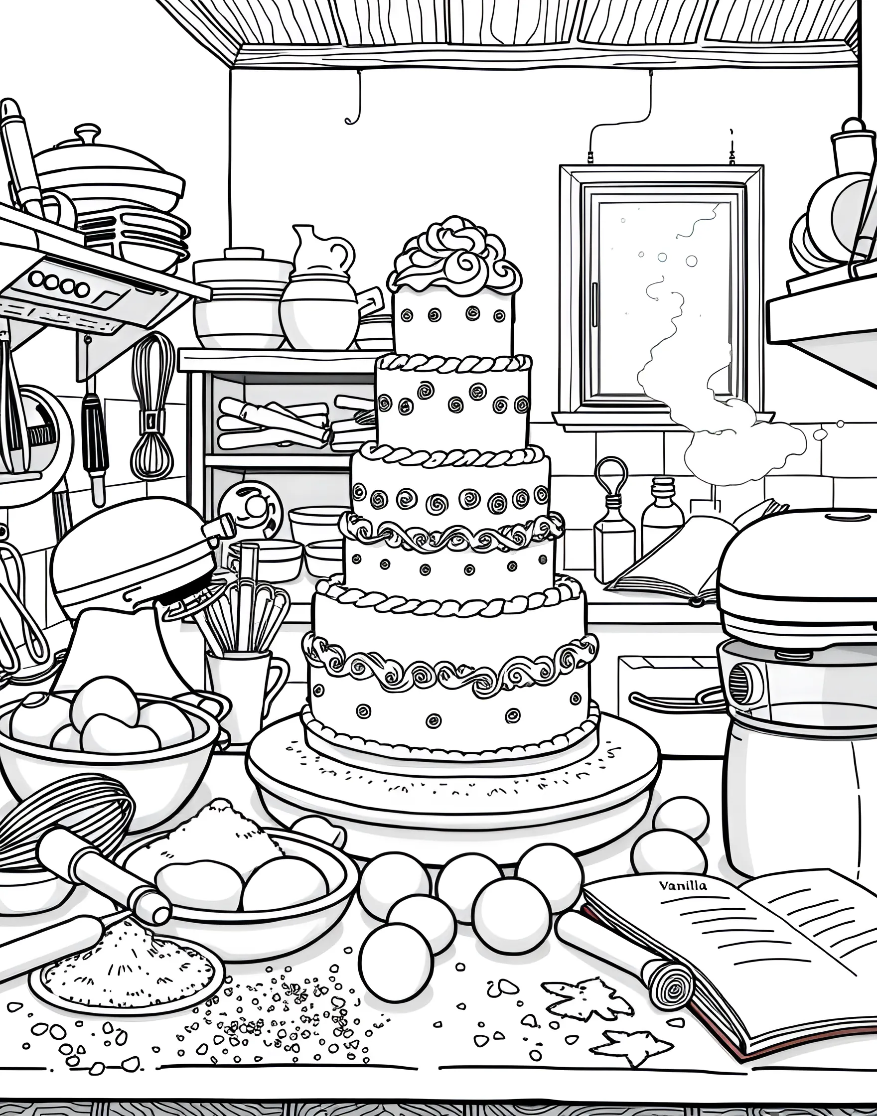 Baking Day Bonanza Coloring Page -- prompt: "A kitchen scene with baking tools, ingredients, and a freshly baked cake on the counter." -- Celebrate the joy of baking with this kitchen scene coloring page. Various baking tools, ingredients, and a freshly baked cake create a busy and detailed image. It's perfect for those who love to bake or dream of owning a bakery.