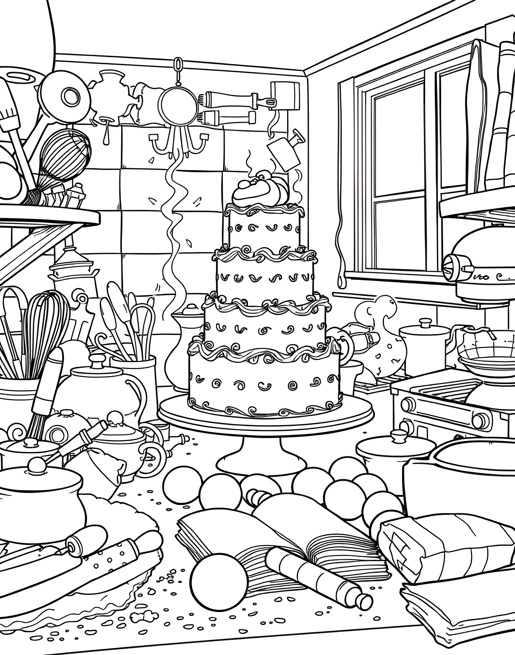 Baking Day Bonanza Coloring Page -- prompt: "A kitchen scene with baking tools, ingredients, and a freshly baked cake on the counter." -- Celebrate the joy of baking with this kitchen scene coloring page. Various baking tools, ingredients, and a freshly baked cake create a busy and detailed image. It's perfect for those who love to bake or dream of owning a bakery.