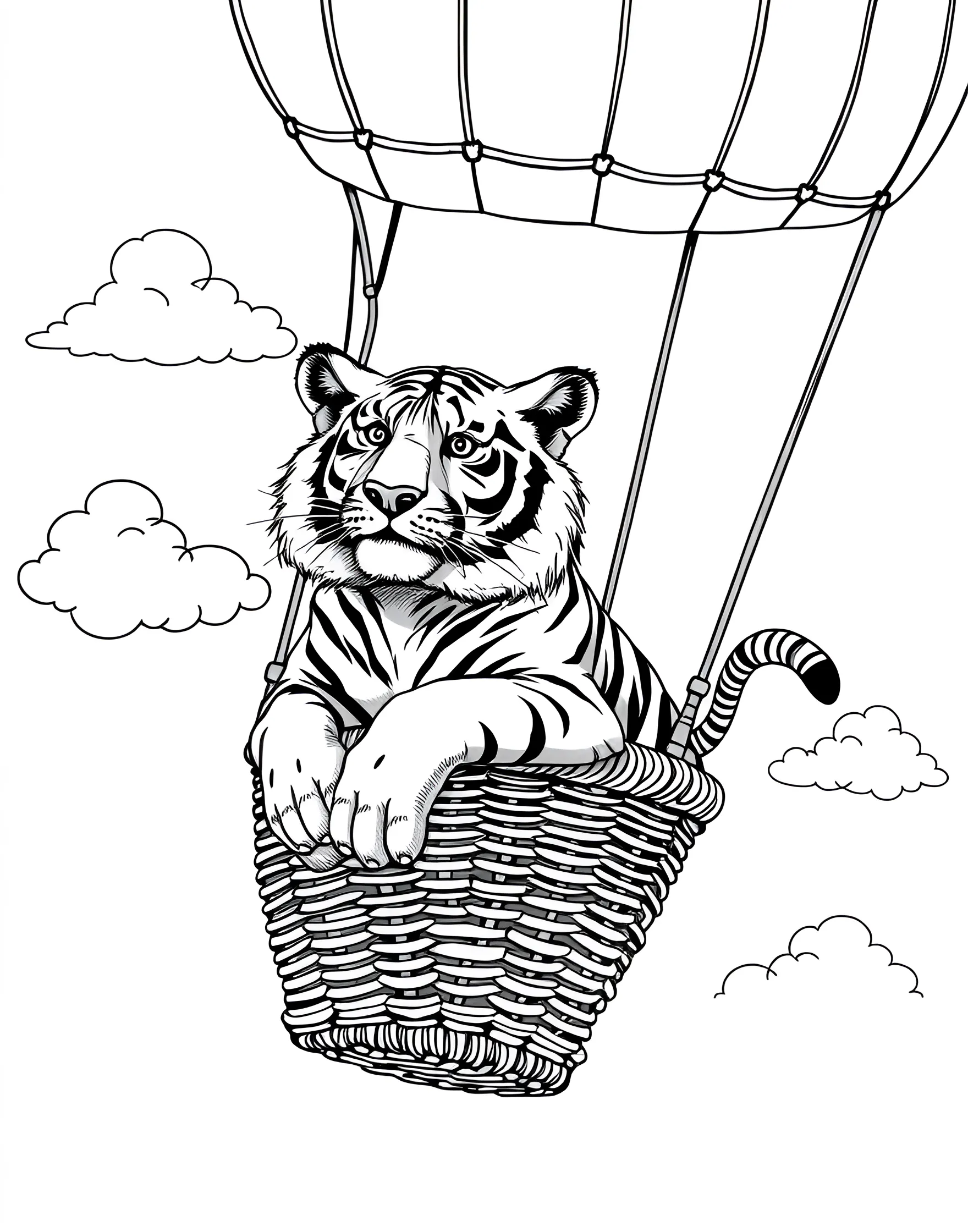 Tiger in a Hot Air Balloon Coloring Page -- prompt: "A tiger riding in a hot air balloon, peeking out of the basket." -- Take to the skies with this whimsical coloring page of a tiger riding in a hot air balloon. The tiger is peeking out of the basket, enjoying the view of the landscape below. This imaginative scene combines adventure with the charm of these magnificent big cats.