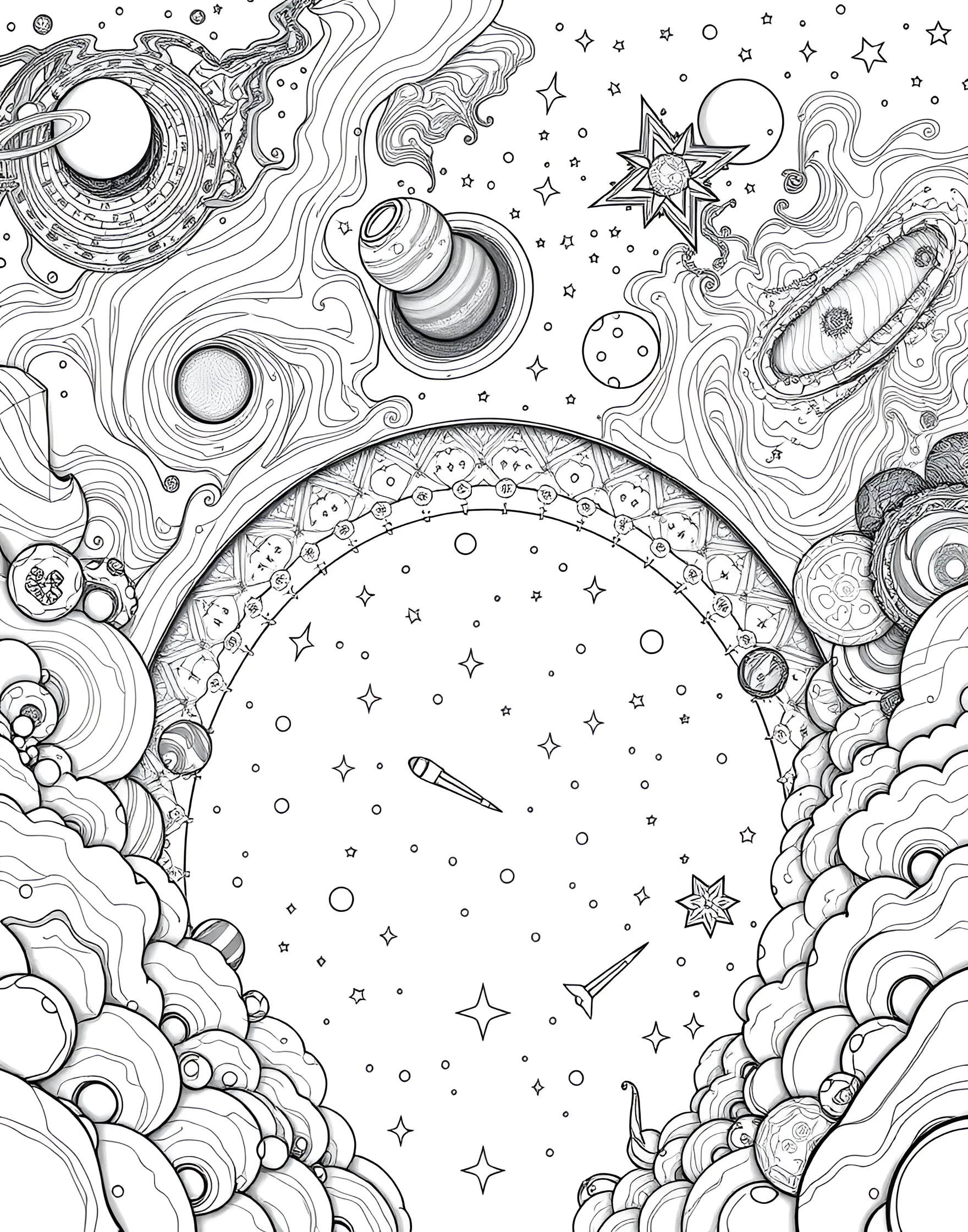 Rainbow Nebula Space Scene Coloring Page -- prompt: "A space scene with swirling nebula clouds, stars, and celestial bodies arranged for rainbow coloring." -- Venture into the far reaches of the universe with this awe-inspiring rainbow nebula space scene coloring page. The page features swirling cosmic clouds, stars, and celestial bodies, all arranged to create a stunning rainbow nebula when colored. This page offers a perfect canvas for blending colors and creating a breathtaking space vista.