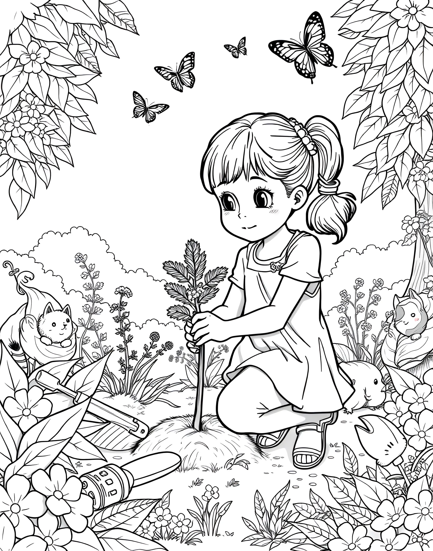 Eco-Friendly Girl Planting Trees Coloring Page -- prompt: "A girl planting a tree in a park, surrounded by gardening tools and young saplings." -- This environmentally conscious coloring page shows a girl planting trees in a park. With a watering can and saplings around her, she's making the world a greener place. It's a great way to encourage environmental awareness and community involvement.