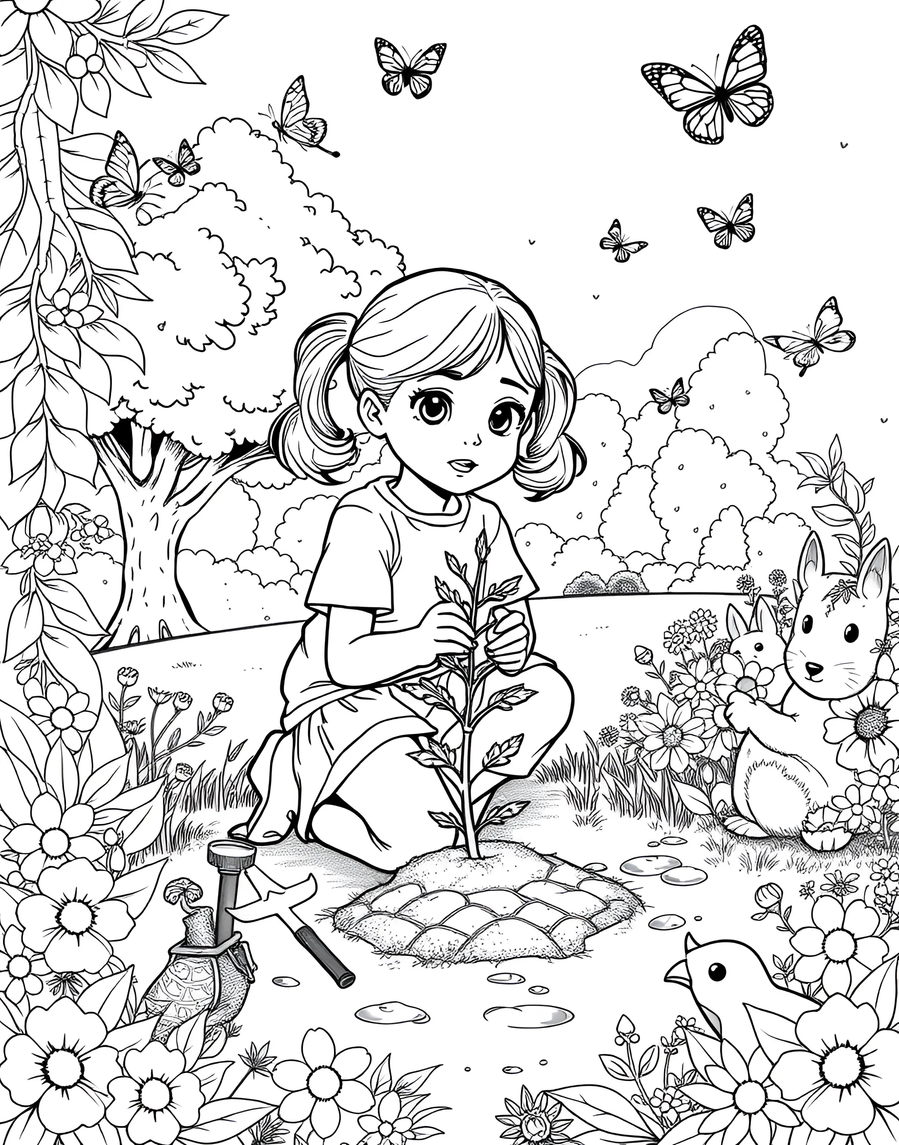 Eco-Friendly Girl Planting Trees Coloring Page -- prompt: "A girl planting a tree in a park, surrounded by gardening tools and young saplings." -- This environmentally conscious coloring page shows a girl planting trees in a park. With a watering can and saplings around her, she's making the world a greener place. It's a great way to encourage environmental awareness and community involvement.