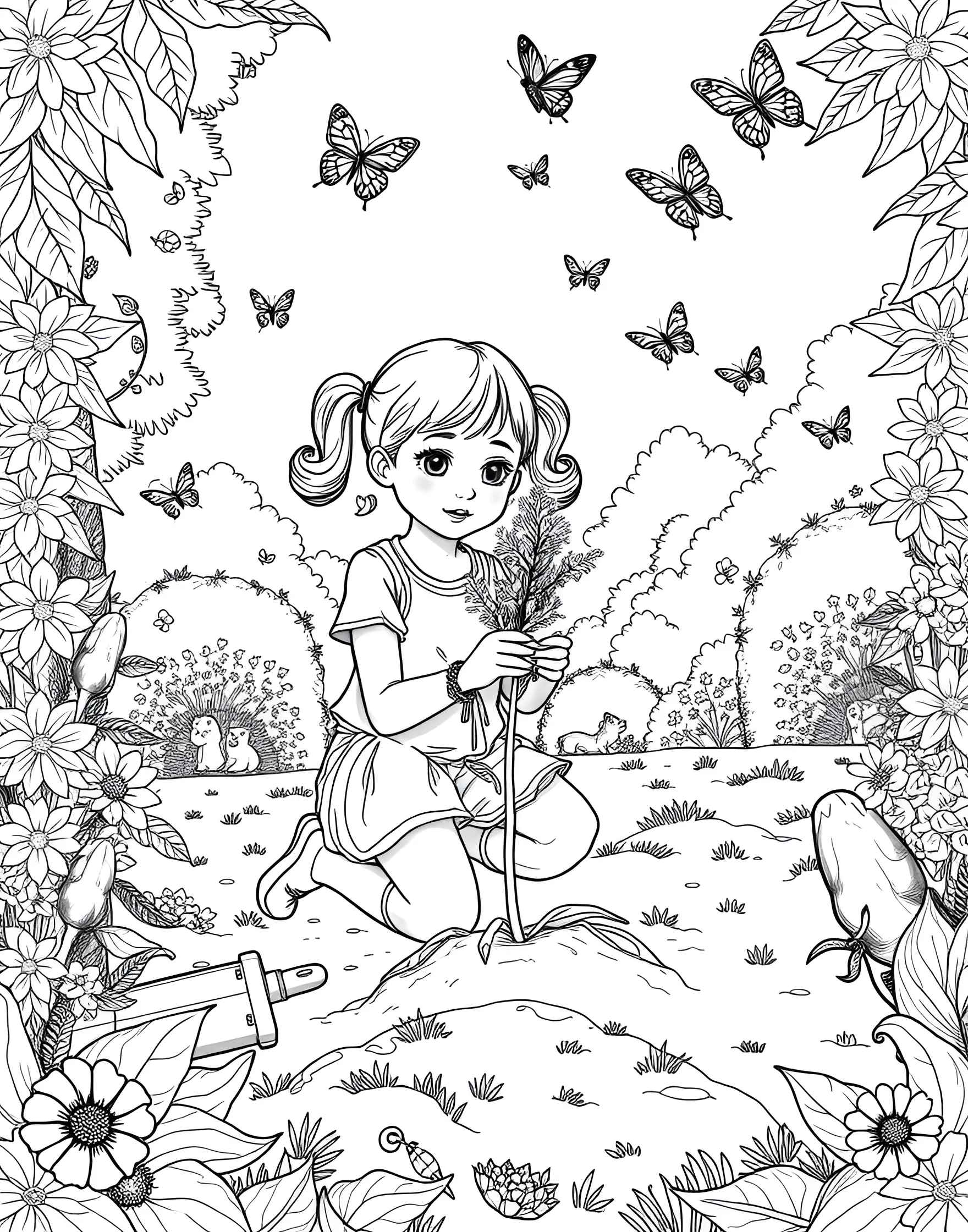 Eco-Friendly Girl Planting Trees Coloring Page -- prompt: "A girl planting a tree in a park, surrounded by gardening tools and young saplings." -- This environmentally conscious coloring page shows a girl planting trees in a park. With a watering can and saplings around her, she's making the world a greener place. It's a great way to encourage environmental awareness and community involvement.