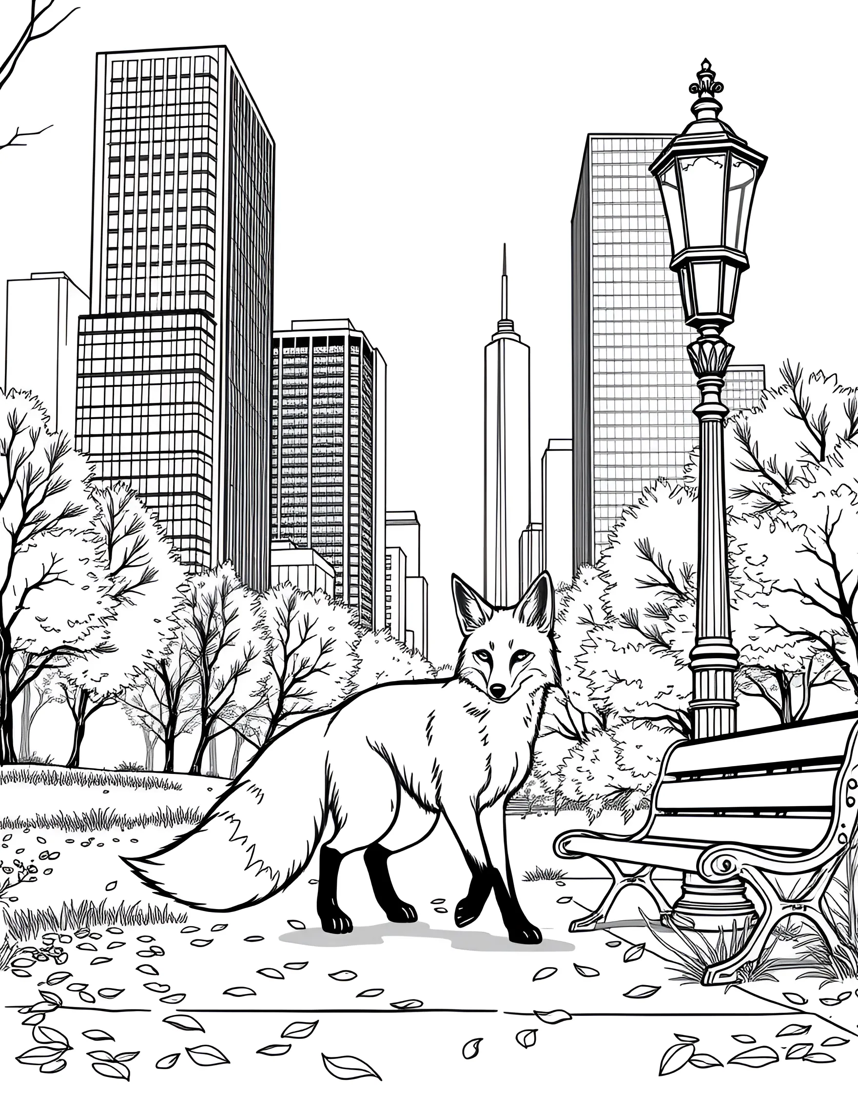 Urban Fox Exploring a City Park Coloring Page -- prompt: "A fox walking in a city park with buildings and a lamppost visible." -- This modern coloring page depicts a curious fox navigating an urban environment. The fox is shown trotting through a city park, with glimpses of buildings and a lamppost in the background. It's a great page for exploring the intersection of nature and city life through coloring.