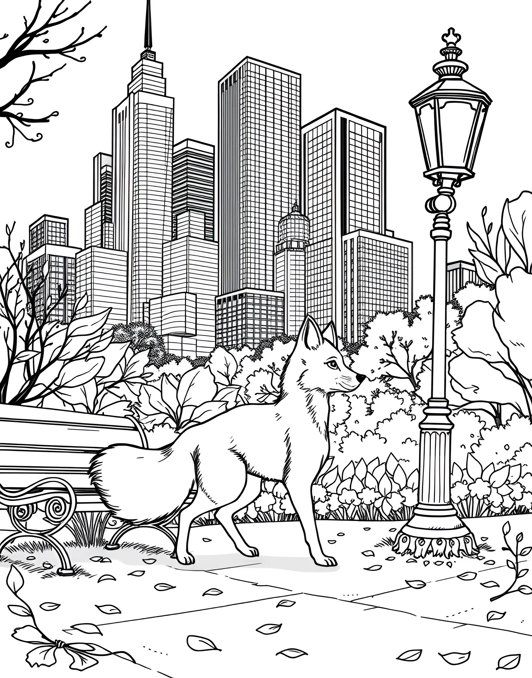 Urban Fox Exploring a City Park Coloring Page -- prompt: "A fox walking in a city park with buildings and a lamppost visible." -- This modern coloring page depicts a curious fox navigating an urban environment. The fox is shown trotting through a city park, with glimpses of buildings and a lamppost in the background. It's a great page for exploring the intersection of nature and city life through coloring.