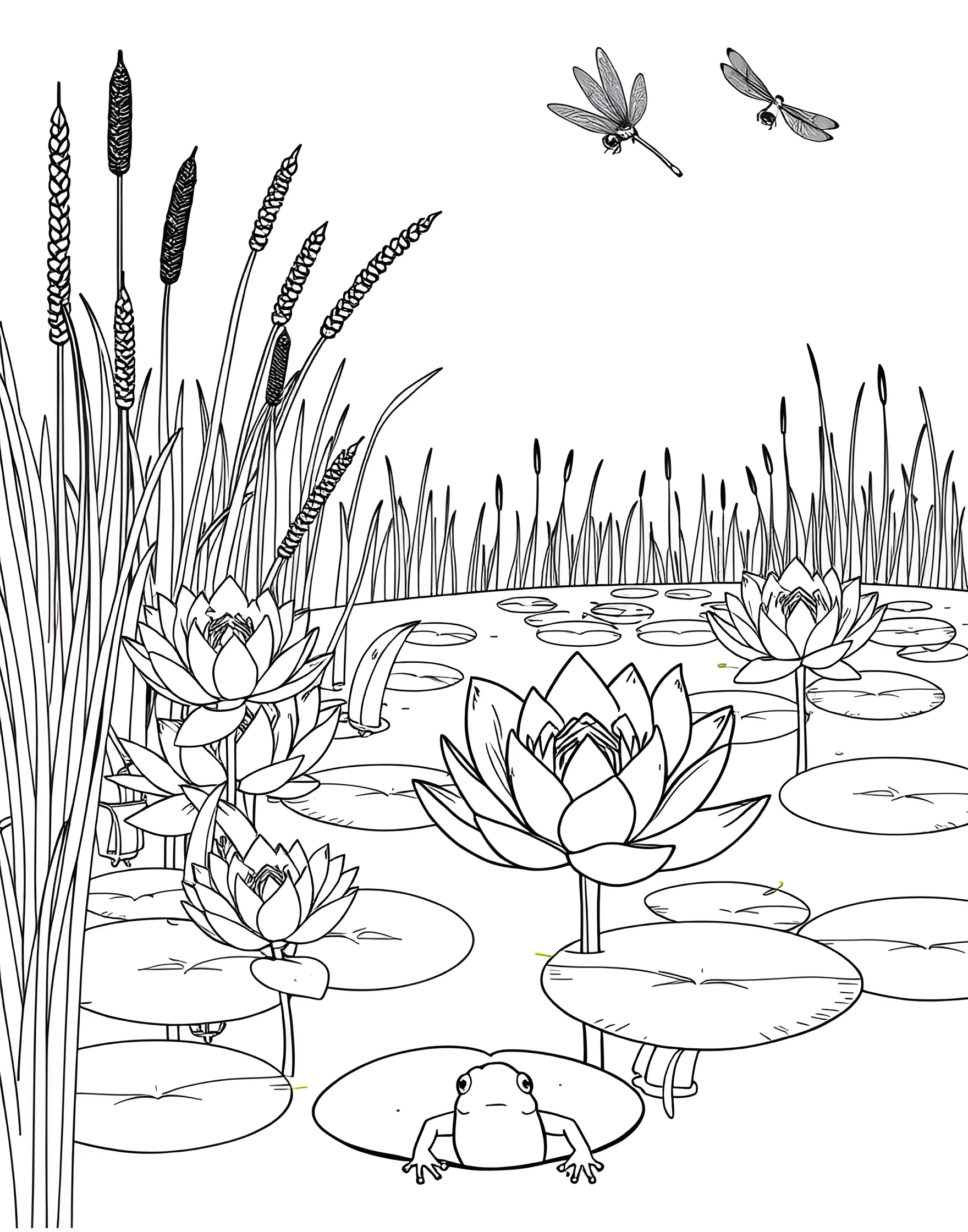 Serene Water Lily Pond Coloring Page -- prompt: "A pond scene with water lilies floating on the surface, surrounded by cattails and reeds." -- Find tranquility in this serene water lily pond coloring page. Delicate water lilies float on a calm surface, their round leaves providing hiding spots for imaginative pond creatures. This page offers a peaceful coloring experience and a chance to play with reflections and water effects.