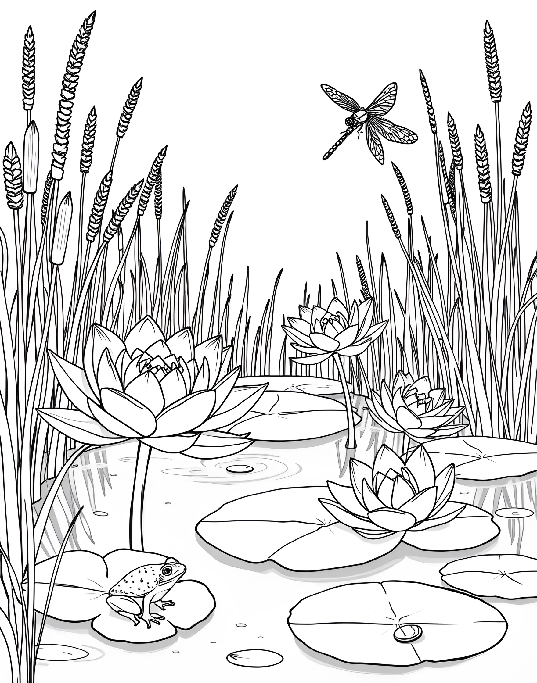 Serene Water Lily Pond Coloring Page -- prompt: "A pond scene with water lilies floating on the surface, surrounded by cattails and reeds." -- Find tranquility in this serene water lily pond coloring page. Delicate water lilies float on a calm surface, their round leaves providing hiding spots for imaginative pond creatures. This page offers a peaceful coloring experience and a chance to play with reflections and water effects.