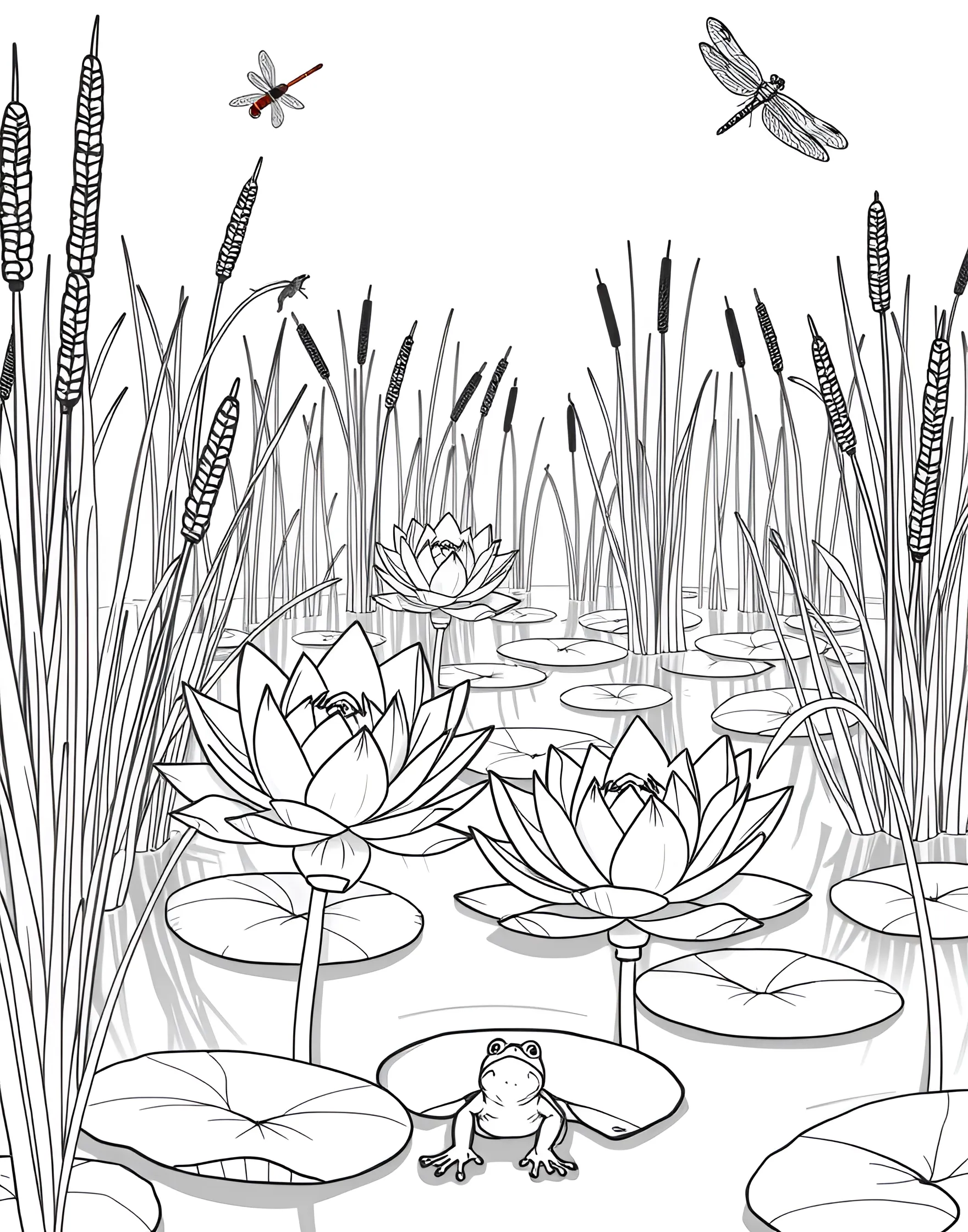 Serene Water Lily Pond Coloring Page -- prompt: "A pond scene with water lilies floating on the surface, surrounded by cattails and reeds." -- Find tranquility in this serene water lily pond coloring page. Delicate water lilies float on a calm surface, their round leaves providing hiding spots for imaginative pond creatures. This page offers a peaceful coloring experience and a chance to play with reflections and water effects.