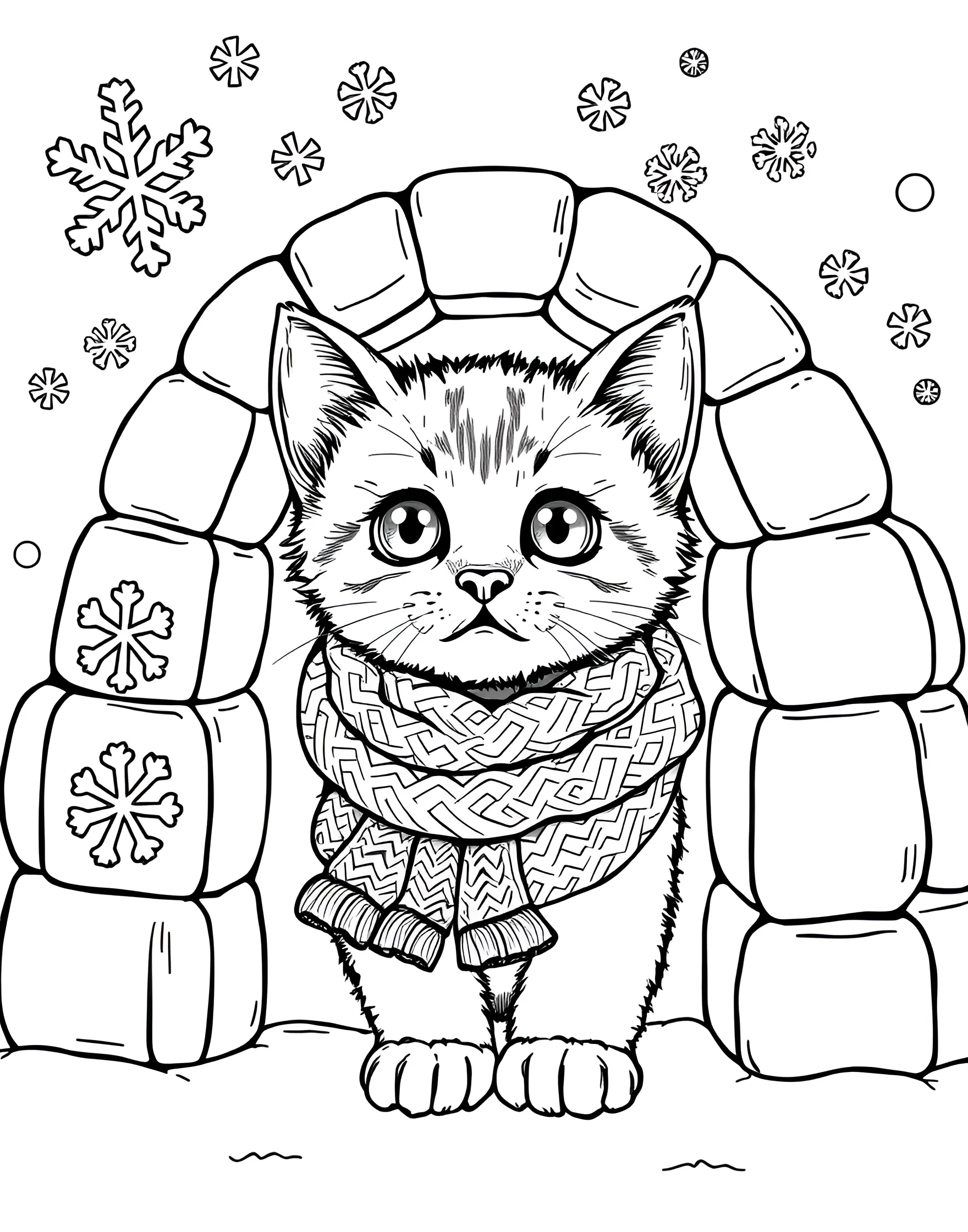 Kitten's Cozy Igloo Adventure Coloring Page -- prompt: "A kitten wearing a scarf, peeking out from an igloo surrounded by snow." -- Chill out with this adorable arctic kitten coloring page. A bundled-up kitten is shown peeking out from an igloo, surrounded by snow and icicles. This page captures the wonder of exploring a winter wonderland.