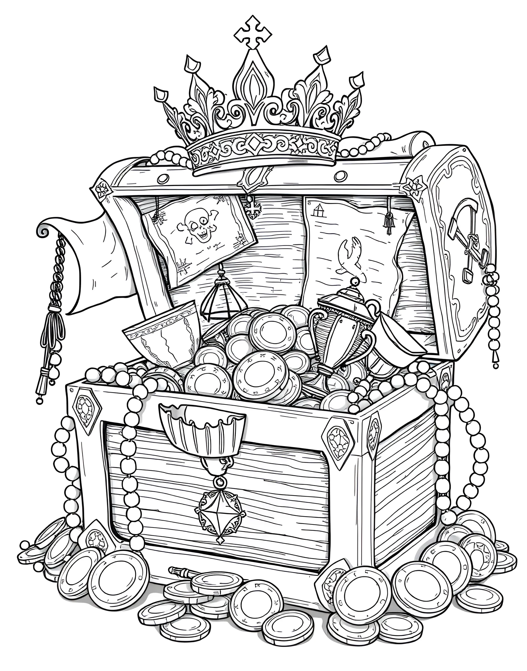 Treasure Chest Overflowing with Gold Coloring Page -- prompt: "An open treasure chest overflowing with gold coins, jewels, and other valuable items." -- Discover the pirate's ultimate prize with this treasure chest coloring page. Brimming with gold coins, jewels, and precious artifacts, this chest represents every buccaneer's dream. Kids can let their imagination run wild as they color each valuable item.