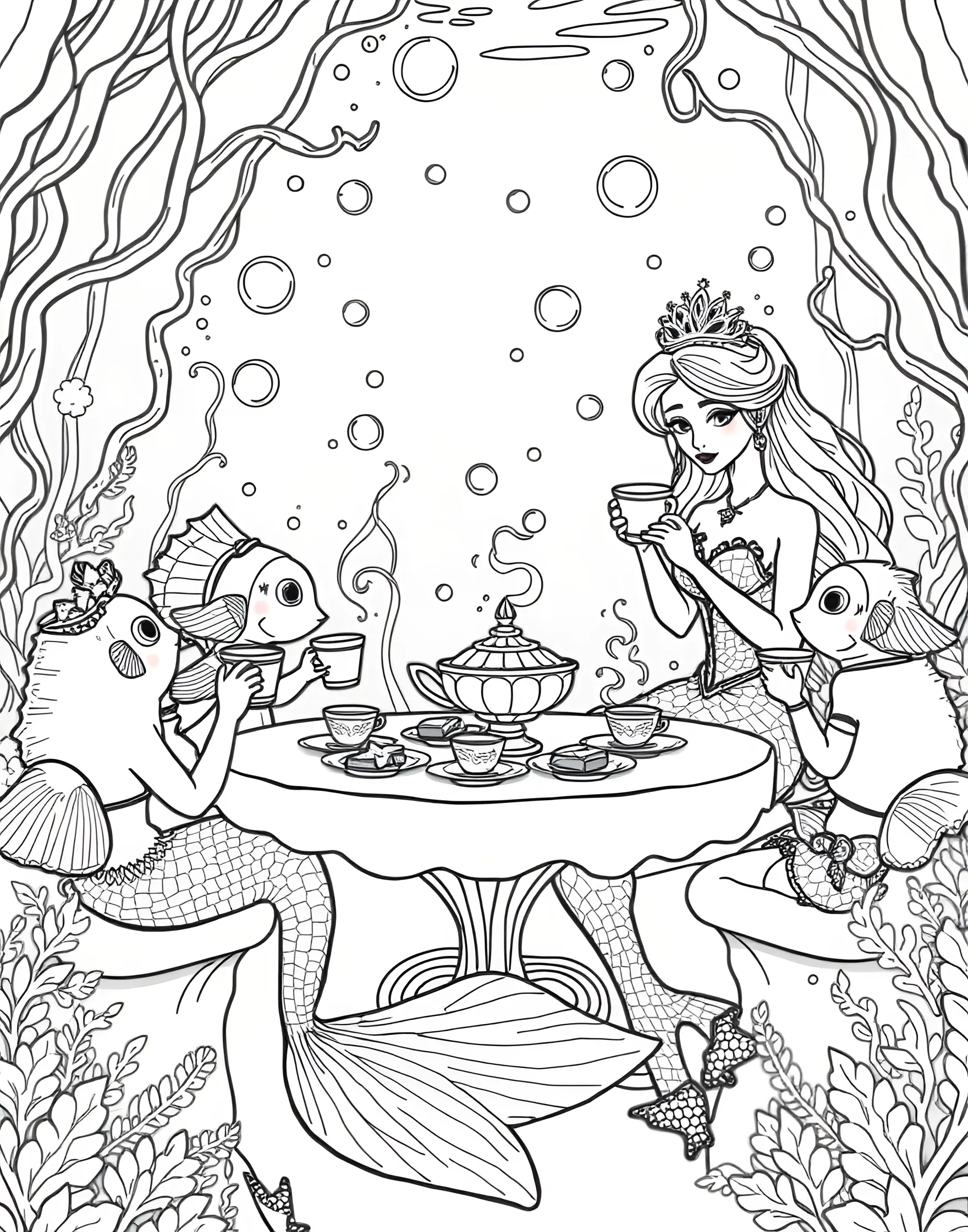 Mermaid's Underwater Tea Party Coloring Page -- prompt: "A mermaid hosting an underwater tea party with fish and sea creatures using seashell teacups." -- Dive into an underwater wonderland with this enchanting coloring page featuring a beautiful mermaid hosting a tea party on the ocean floor. Surrounded by colorful fish, coral, and seashell teacups, the mermaid invites her sea creature friends to join the festivities. This page combines the magic of mermaids with the charm of a tea party, creating a delightful underwater scene.