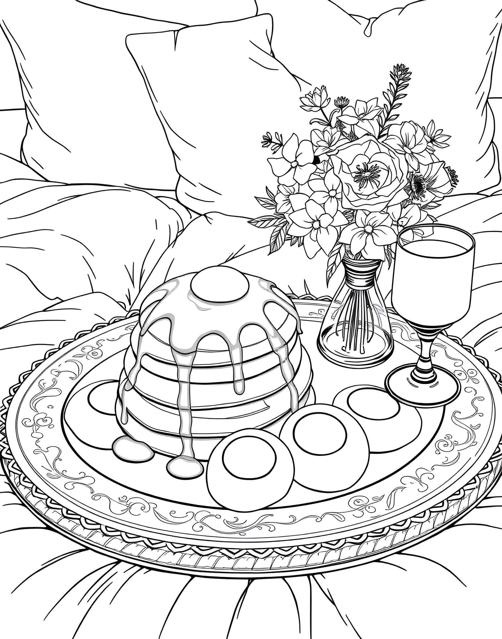 Breakfast in Bed Bliss Coloring Page -- prompt: "A breakfast tray on a bed with pancakes, eggs, juice, and flowers." -- Start your day with a smile using this breakfast in bed coloring page. A tray filled with morning treats like pancakes, eggs, and fresh juice creates a cozy scene. It's perfect for those who enjoy creating warm, inviting atmospheres through coloring.