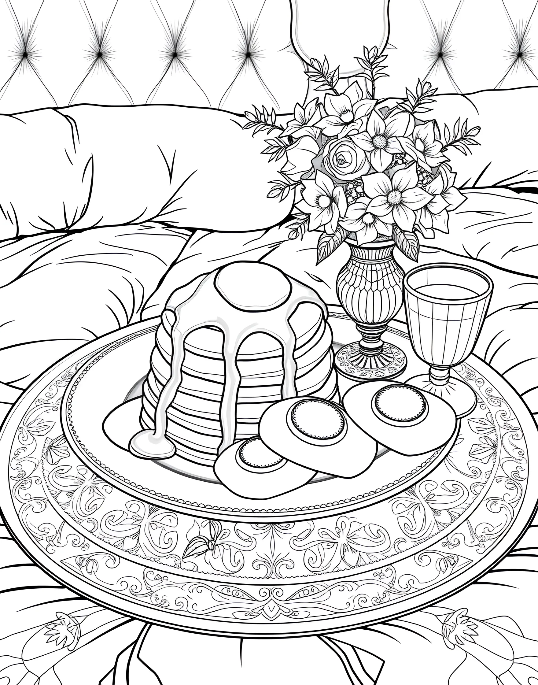 Breakfast in Bed Bliss Coloring Page -- prompt: "A breakfast tray on a bed with pancakes, eggs, juice, and flowers." -- Start your day with a smile using this breakfast in bed coloring page. A tray filled with morning treats like pancakes, eggs, and fresh juice creates a cozy scene. It's perfect for those who enjoy creating warm, inviting atmospheres through coloring.