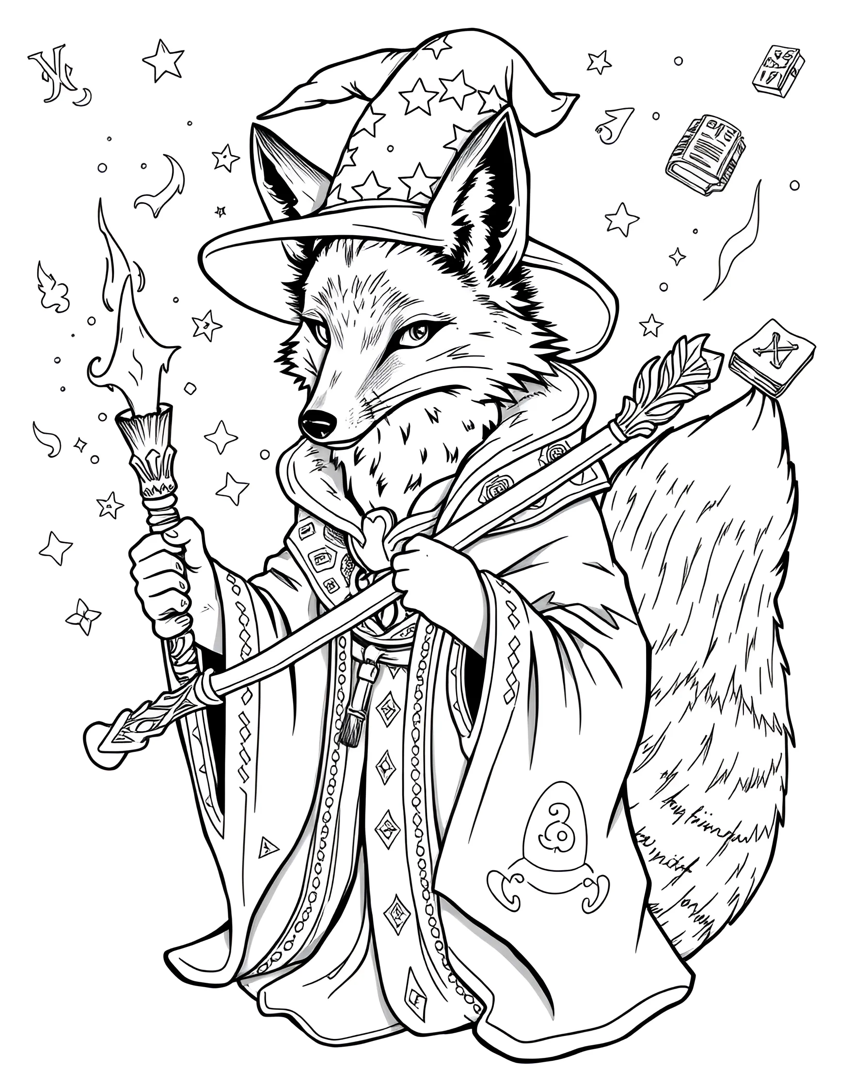 Fox Wizard Casting a Spell Coloring Page -- prompt: "A fox in wizard robes and hat, casting a spell with a magic wand." -- Enter a world of magic with this enchanting coloring page of a fox wizard. The fox is depicted wearing wizard robes and a pointed hat, waving a wand with magical sparks flying. It's an ideal page for fantasy lovers and those who enjoy creating mystical, glowing effects with their colors.