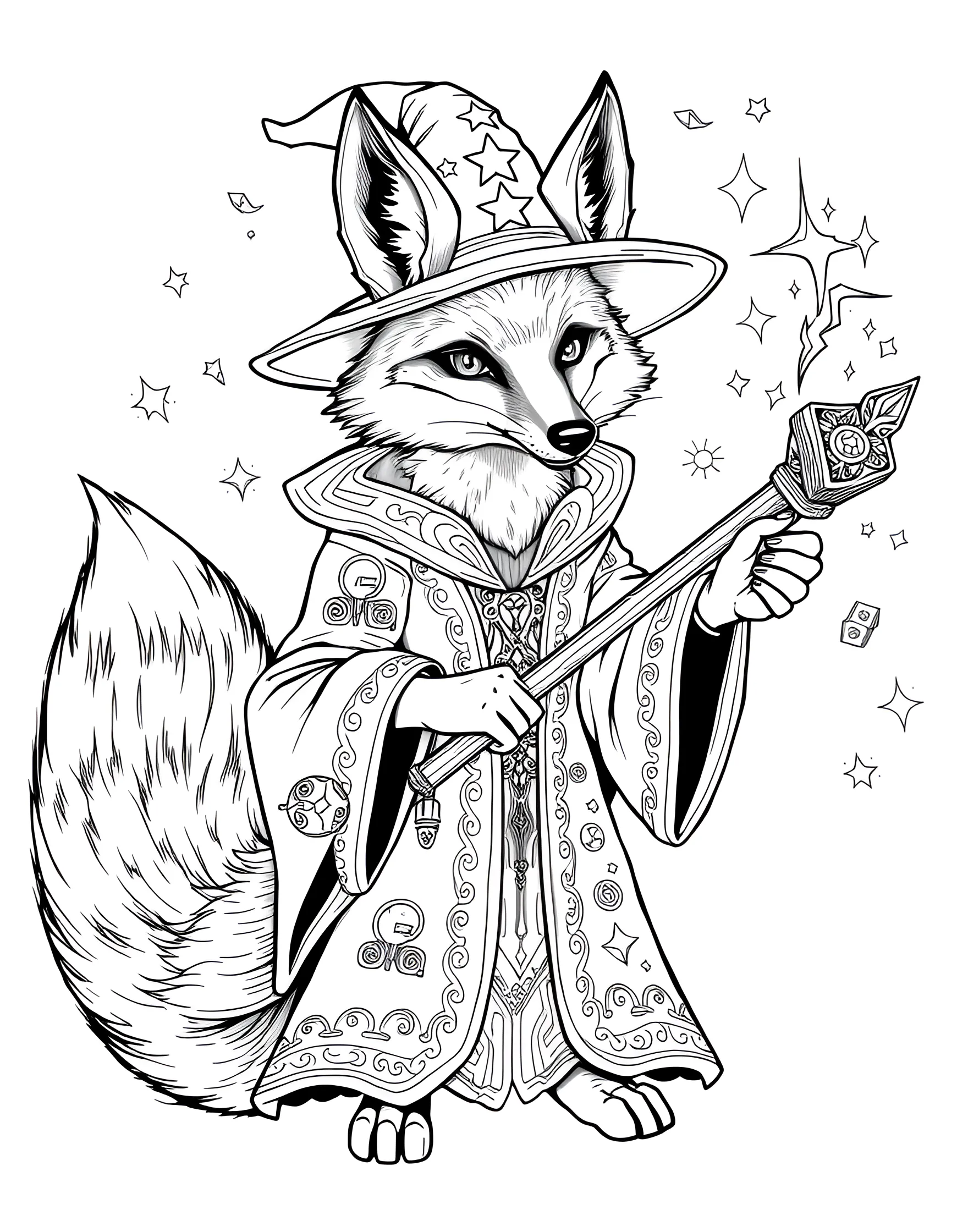 Fox Wizard Casting a Spell Coloring Page -- prompt: "A fox in wizard robes and hat, casting a spell with a magic wand." -- Enter a world of magic with this enchanting coloring page of a fox wizard. The fox is depicted wearing wizard robes and a pointed hat, waving a wand with magical sparks flying. It's an ideal page for fantasy lovers and those who enjoy creating mystical, glowing effects with their colors.