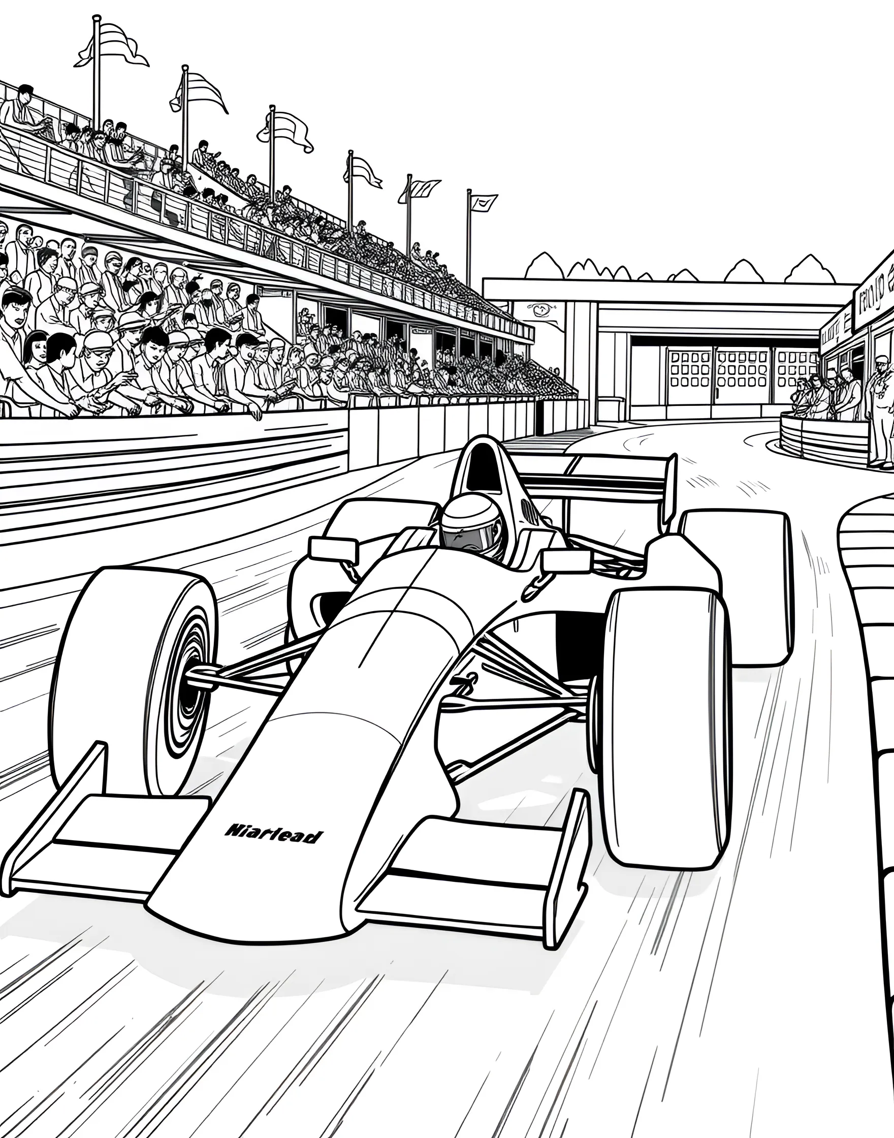 Formula 1 Speedy Race Car on the Track Coloring Page -- prompt: "A Formula 1 style race car speeding on a racetrack with spectator stands visible." -- Feel the excitement of the racetrack with this dynamic coloring page featuring a high-speed Formula 1 race car. The streamlined design of the car, complete with sponsor decals and a prominent racing number, captures the essence of motorsports. The page also includes details of the track and cheering crowds, making it a thrilling choice for young racing fans.