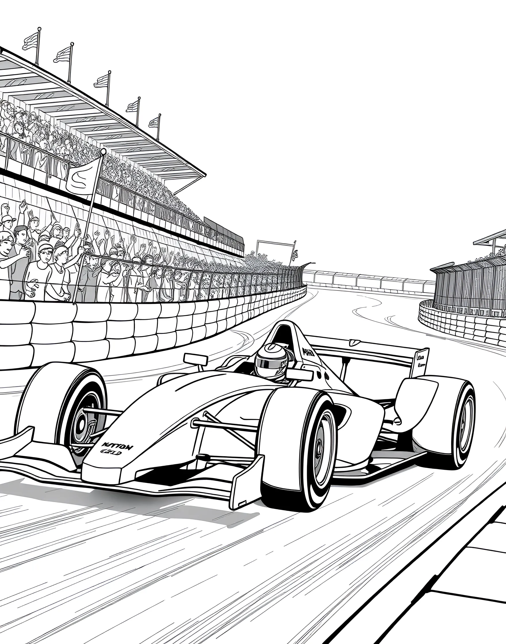 Speedy Race Car on the Track Coloring Page -- prompt: "A Formula 1 style race car speeding on a racetrack with spectator stands visible." -- Feel the excitement of the racetrack with this dynamic coloring page featuring a high-speed race car. The streamlined design of the car, complete with sponsor decals and a prominent racing number, captures the essence of motorsports. The page also includes details of the track and cheering crowds, making it a thrilling choice for young racing fans.