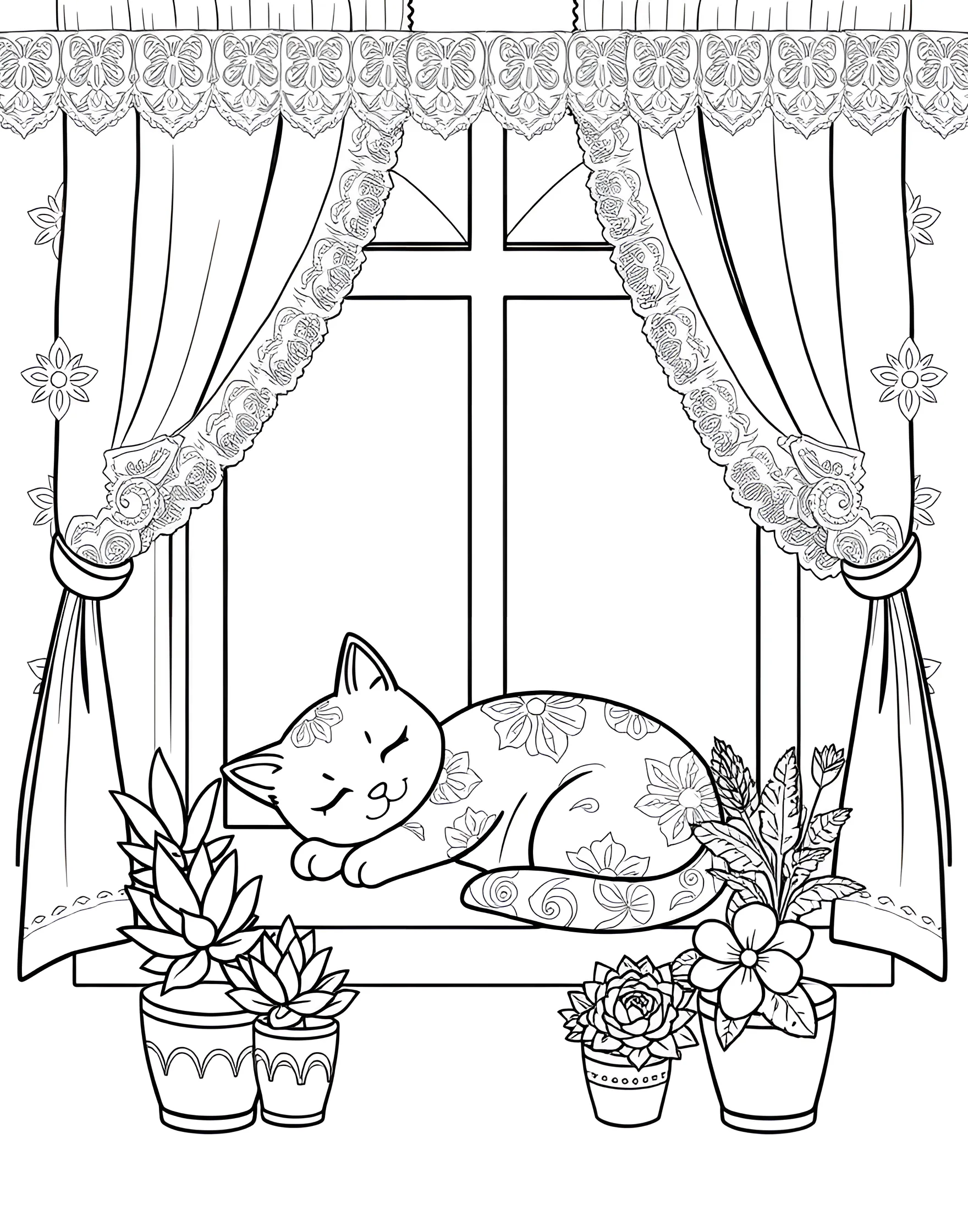 Cozy Cat Napping in a Sunbeam Coloring Page -- prompt: "A cartoon cat curled up asleep in a patch of sunlight on a windowsill, with curtains and potted plants nearby." -- This peaceful coloring page features a contented cat curled up in a warm patch of sunlight. The cat's fluffy fur and relaxed posture are charmingly illustrated. This page is perfect for creating a warm, comforting atmosphere with soft, soothing colors.