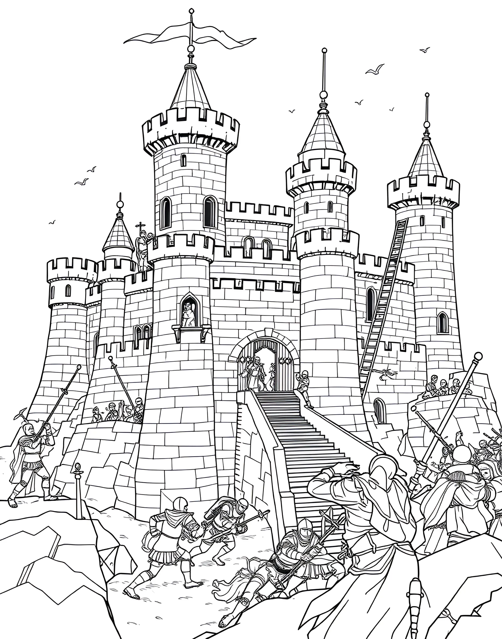 Medieval Castle Siege Coloring Page -- prompt: "A medieval castle under siege with knights defending and invaders attacking with siege weapons." -- Travel back in time with this medieval castle siege coloring page. Brave knights defend their fortress against invading forces, complete with catapults and battering rams. Boys can immerse themselves in this historical scene, imagining the clash of swords and the roar of battle.