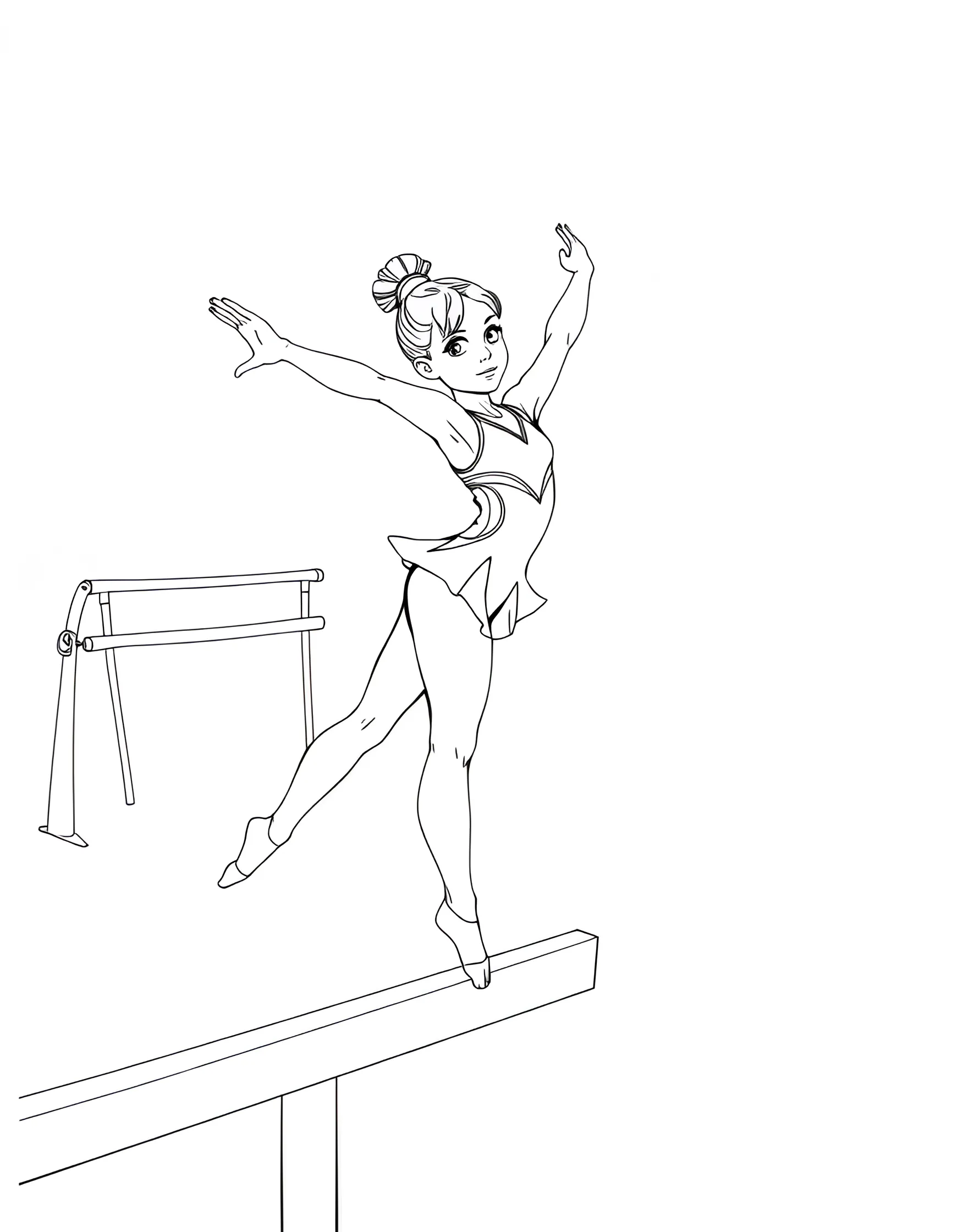 Gymnast Girl Performing on Balance Beam Coloring Page -- prompt: "A girl gymnast performing a routine on a balance beam in a gymnasium setting." -- Admire the grace and strength of gymnastics with this coloring page. It shows a girl gymnast executing a perfect routine on the balance beam. This page celebrates athleticism and the beauty of this challenging sport.