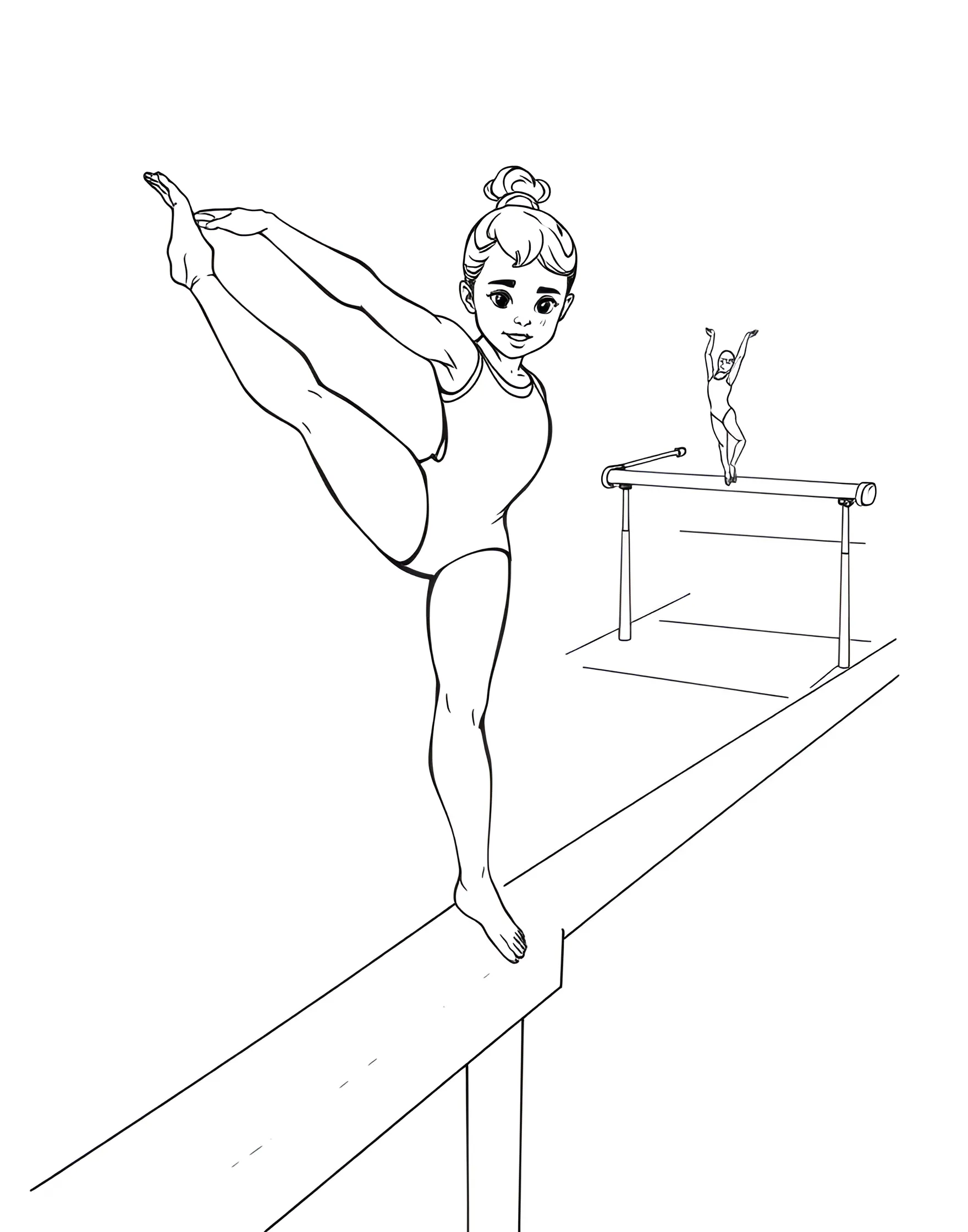 Gymnast Girl Performing on Balance Beam Coloring Page -- prompt: "A girl gymnast performing a routine on a balance beam in a gymnasium setting." -- Admire the grace and strength of gymnastics with this coloring page. It shows a girl gymnast executing a perfect routine on the balance beam. This page celebrates athleticism and the beauty of this challenging sport.