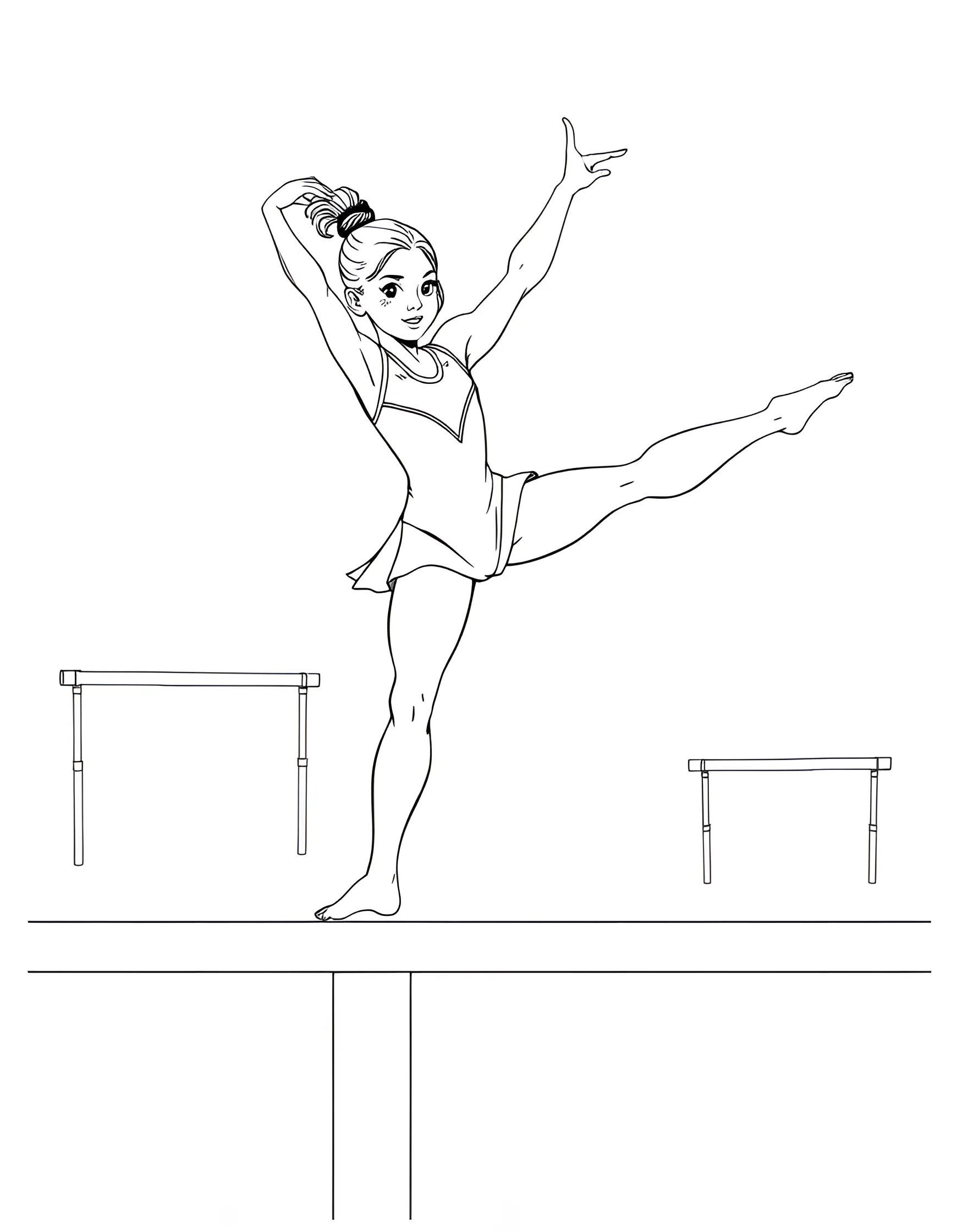 Gymnast Girl Performing on Balance Beam Coloring Page -- prompt: "A girl gymnast performing a routine on a balance beam in a gymnasium setting." -- Admire the grace and strength of gymnastics with this coloring page. It shows a girl gymnast executing a perfect routine on the balance beam. This page celebrates athleticism and the beauty of this challenging sport.