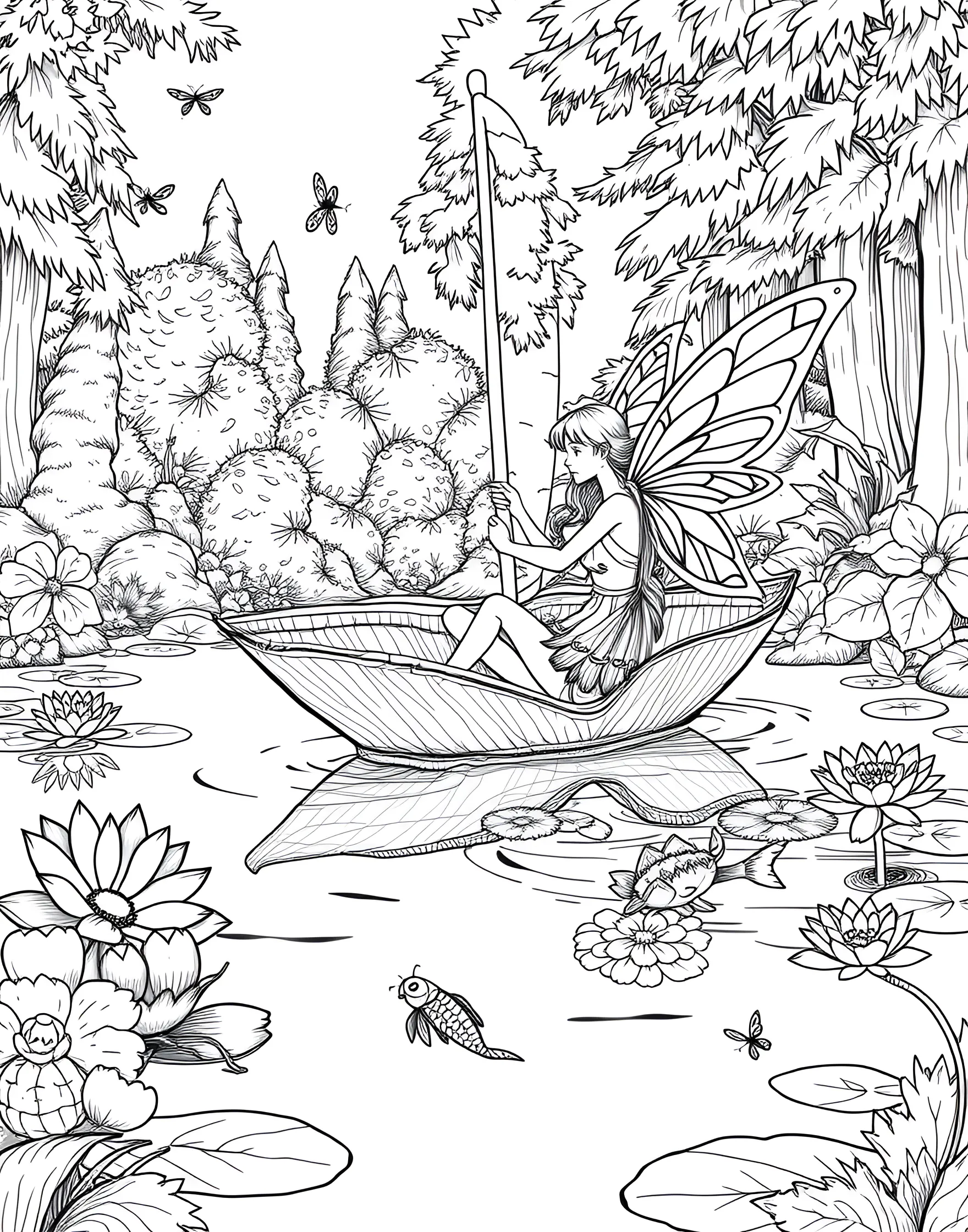 Fairy Sailing on a Leaf Boat Coloring Page -- prompt: "A fairy sailing on a large leaf boat across a pond, using a flower petal as a sail, surrounded by water lilies and fish." -- This whimsical coloring page showcases a clever fairy captain sailing a boat made from a large leaf. The leaf boat glides across a pond filled with water lilies and curious fish. A makeshift sail made from a flower petal adds to the charm of this miniature nautical adventure.