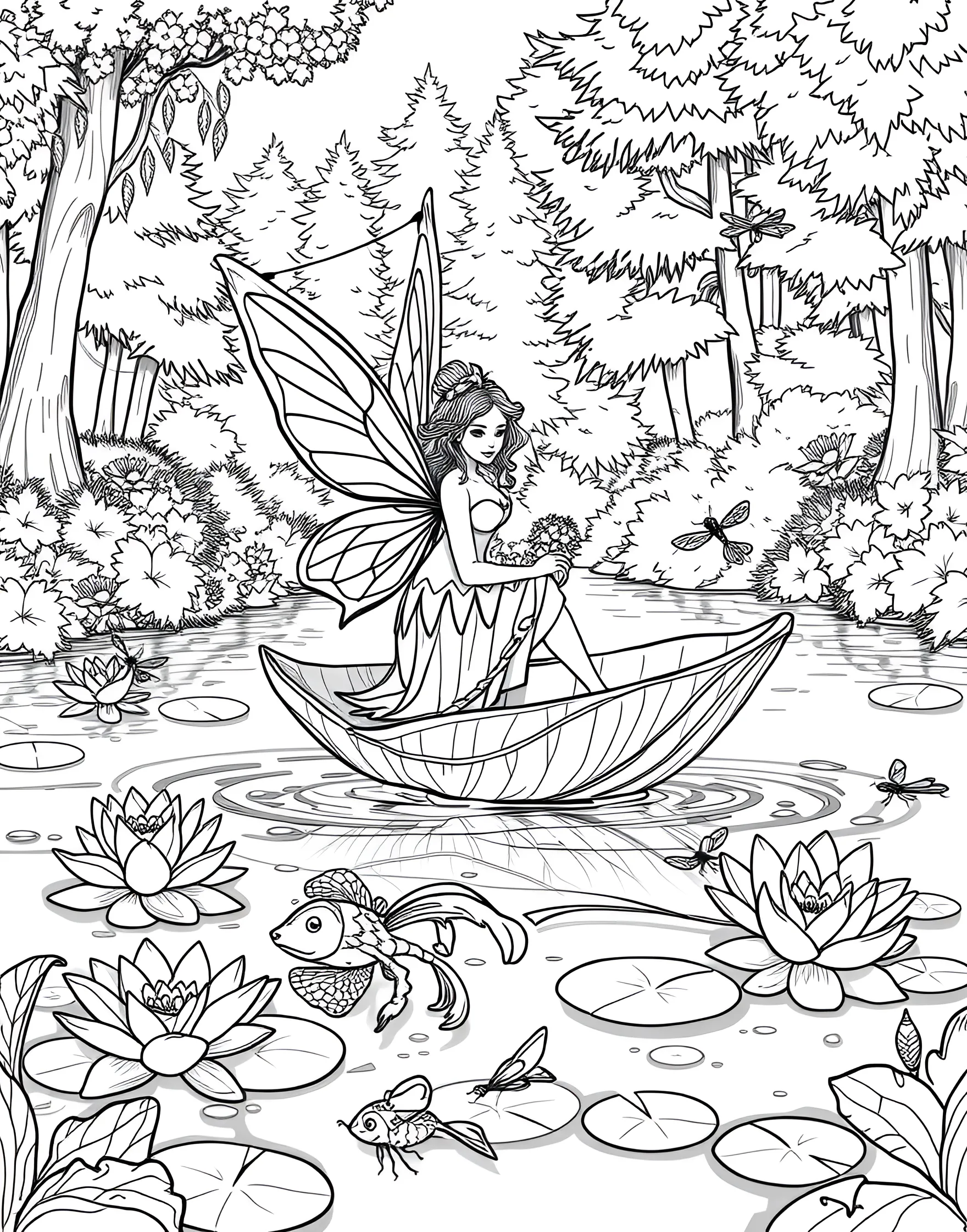 Fairy Sailing on a Leaf Boat Coloring Page -- prompt: "A fairy sailing on a large leaf boat across a pond, using a flower petal as a sail, surrounded by water lilies and fish." -- This whimsical coloring page showcases a clever fairy captain sailing a boat made from a large leaf. The leaf boat glides across a pond filled with water lilies and curious fish. A makeshift sail made from a flower petal adds to the charm of this miniature nautical adventure.