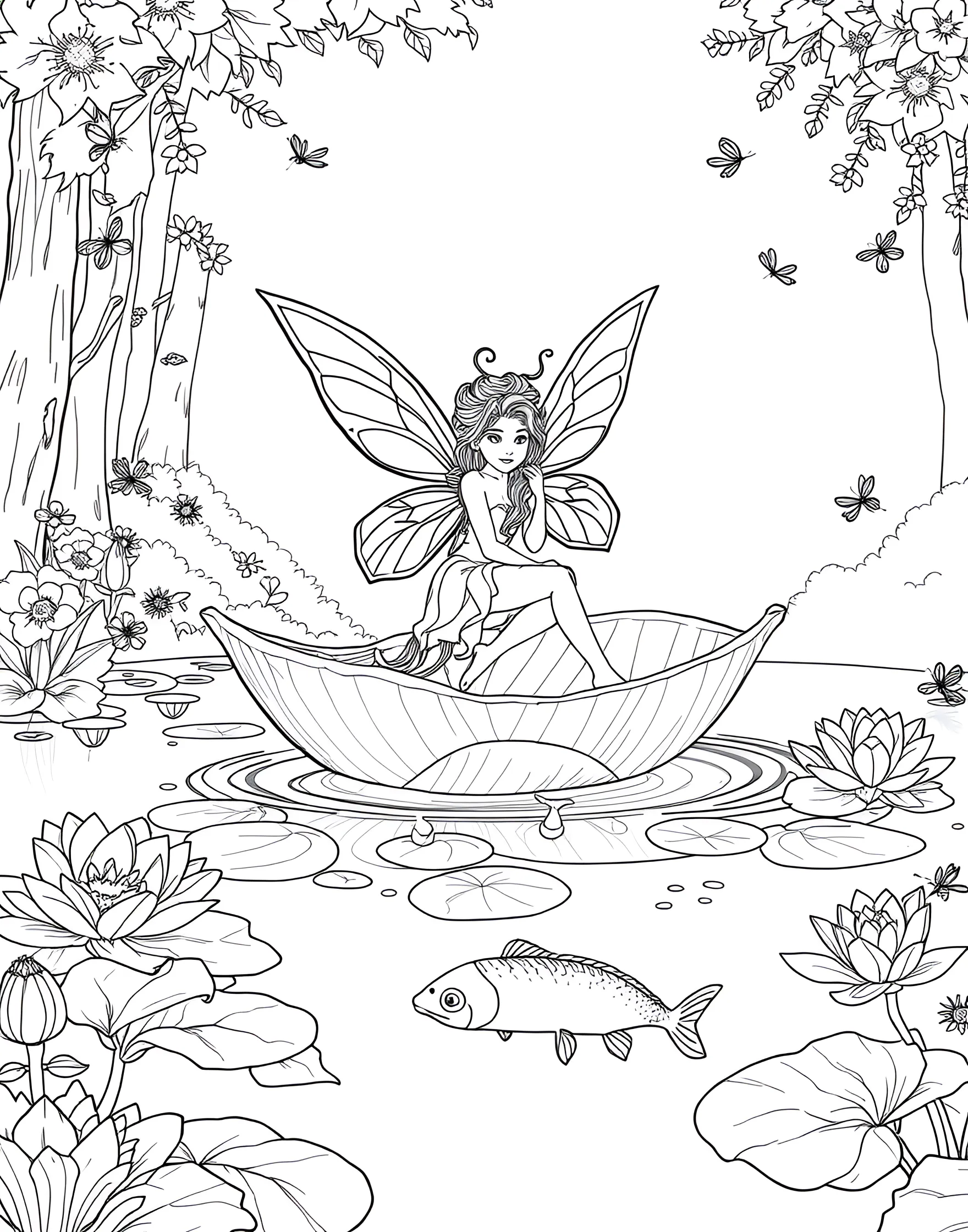 Fairy Sailing on a Leaf Boat Coloring Page -- prompt: "A fairy sailing on a large leaf boat across a pond, using a flower petal as a sail, surrounded by water lilies and fish." -- This whimsical coloring page showcases a clever fairy captain sailing a boat made from a large leaf. The leaf boat glides across a pond filled with water lilies and curious fish. A makeshift sail made from a flower petal adds to the charm of this miniature nautical adventure.