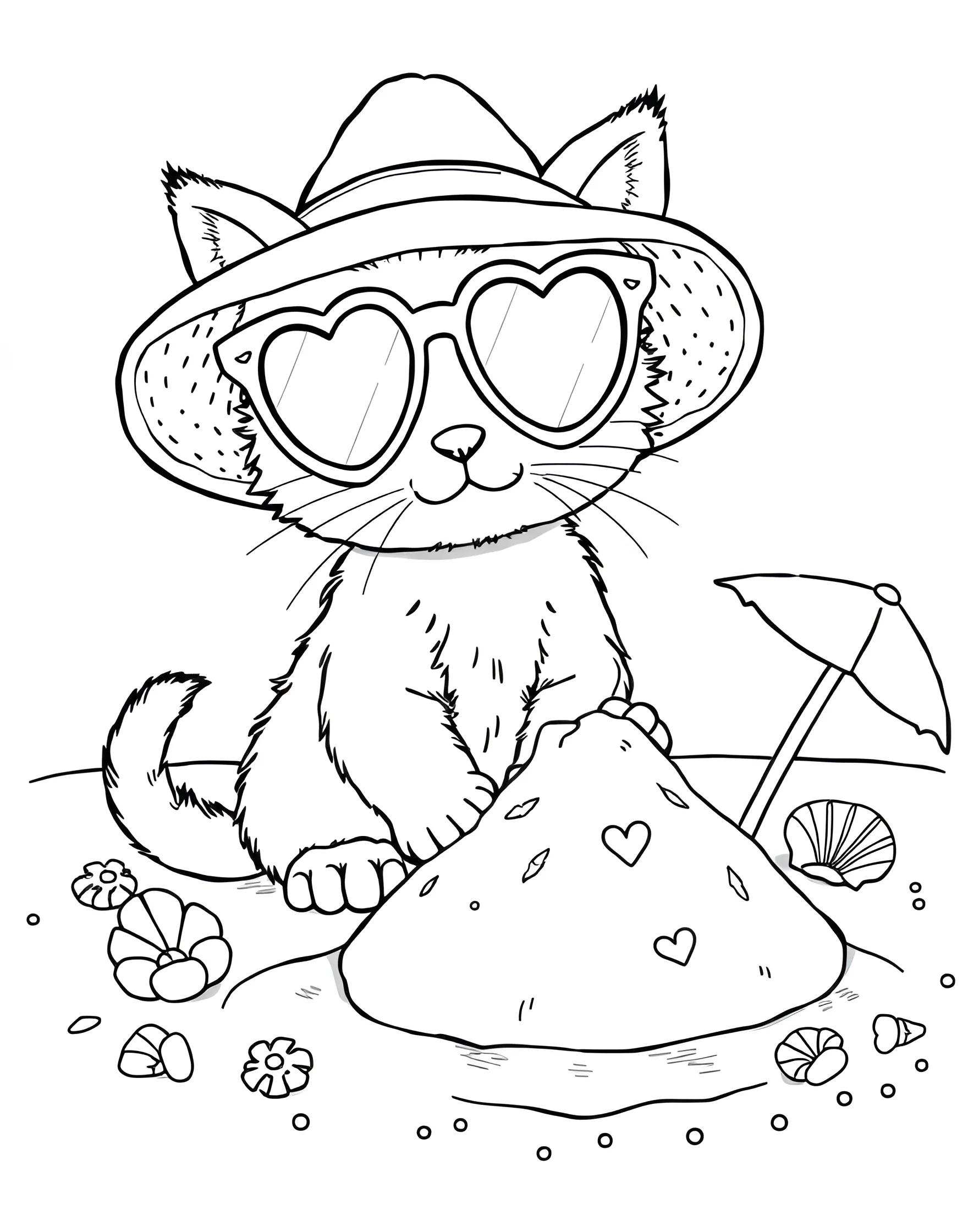 Kitten's Beach Day Fun Coloring Page -- prompt: "A kitten wearing sunglasses and a sun hat, building a sandcastle on the beach." -- Soak up the sun with this delightful beach kitten coloring page. A playful kitten is shown building a sandcastle, wearing sunglasses and a sun hat. This page captures the joy and relaxation of a perfect day at the beach.