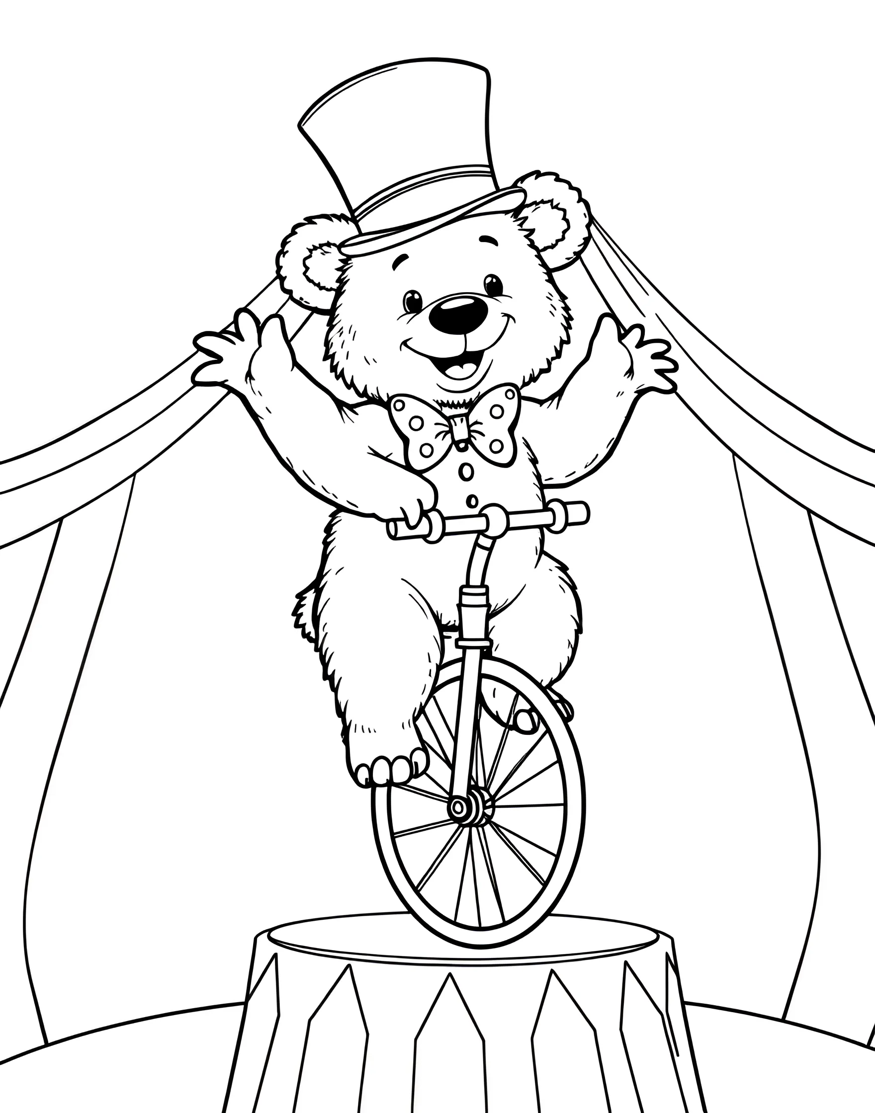 Bear Riding Bicycle Coloring Page -- prompt: "A bear balancing on a unicycle, wearing a hat and bowtie." -- Let your imagination run wild with this playful coloring page featuring a bear riding a bicycle. The bear is balanced precariously on a unicycle, wearing a cute hat and bowtie. This whimsical scene is perfect for those who enjoy a touch of the absurd and love to think outside the box.