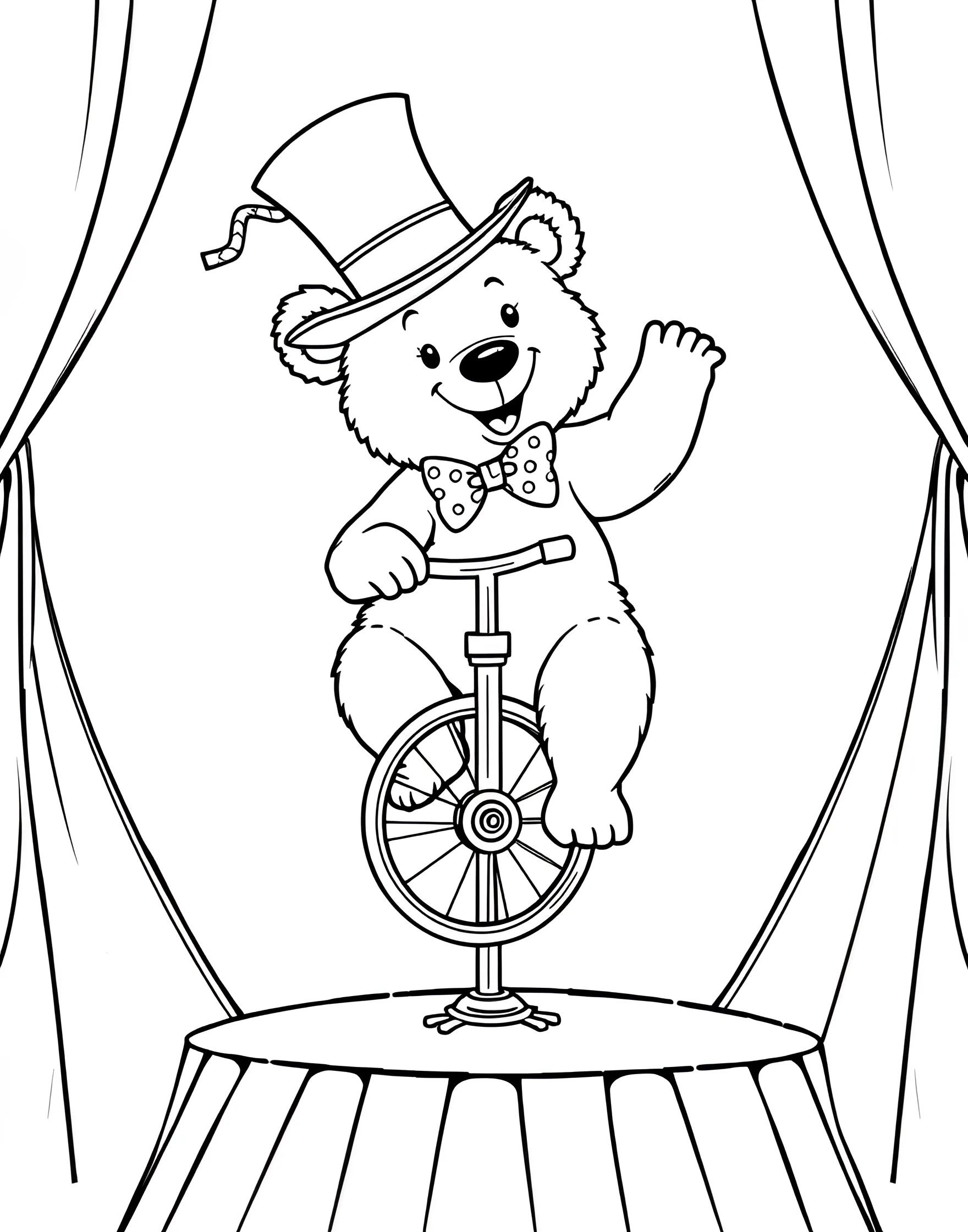 Bear Riding Bicycle Coloring Page -- prompt: "A bear balancing on a unicycle, wearing a hat and bowtie." -- Let your imagination run wild with this playful coloring page featuring a bear riding a bicycle. The bear is balanced precariously on a unicycle, wearing a cute hat and bowtie. This whimsical scene is perfect for those who enjoy a touch of the absurd and love to think outside the box.