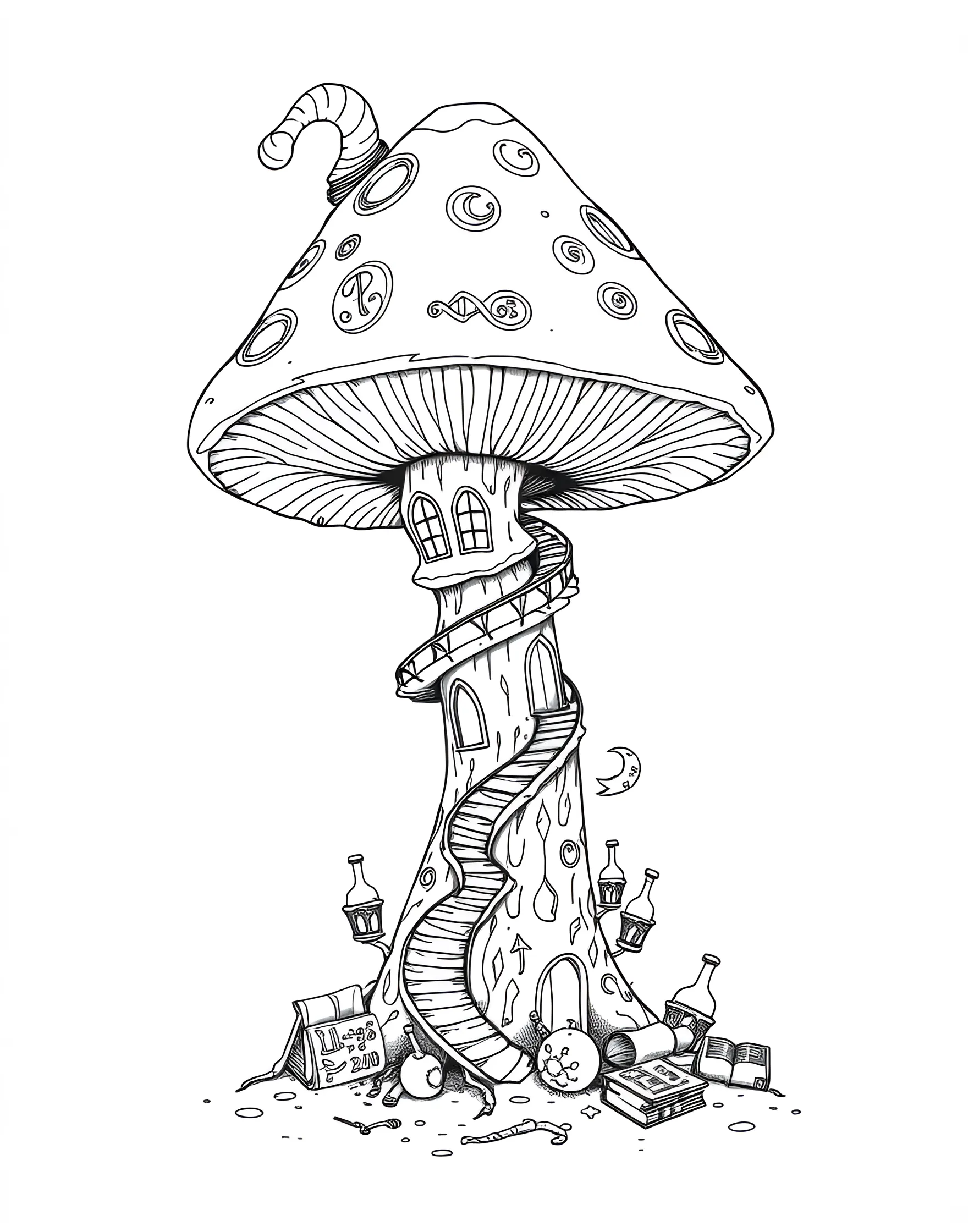 Mushroom Wizard's Tower Coloring Page -- prompt: "A tall, spiraling mushroom transformed into a wizard's tower with magical elements and details." -- Enter the realm of magic with this mushroom wizard's tower coloring page. A tall, winding mushroom serves as a wizard's dwelling, complete with windows, balconies, and magical elements. This page is perfect for fantasy enthusiasts and those who love intricate architectural designs.