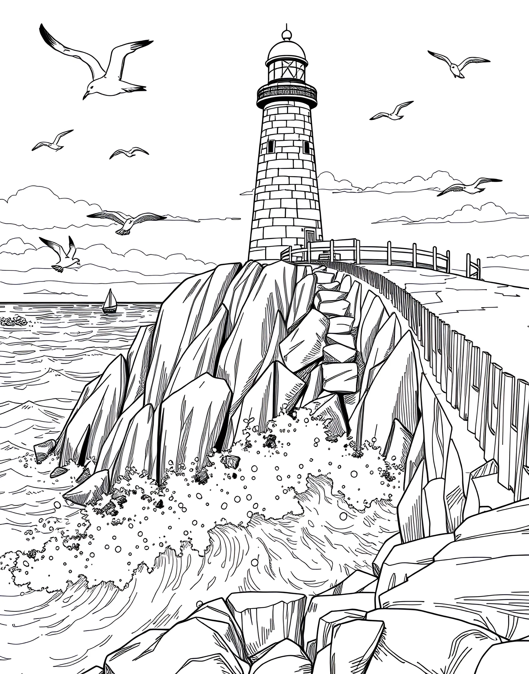 Lighthouse Guardian Coloring Page -- prompt: "A majestic lighthouse on a cliff overlooking the sea with crashing waves and flying seagulls." -- Explore the majesty of a coastal lighthouse with this scenic coloring page. The image showcases a tall, striped lighthouse perched on rocky cliffs overlooking the sea. Crashing waves and soaring seagulls add drama to the scene, while a winding path leads up to the lighthouse keeper's cottage.