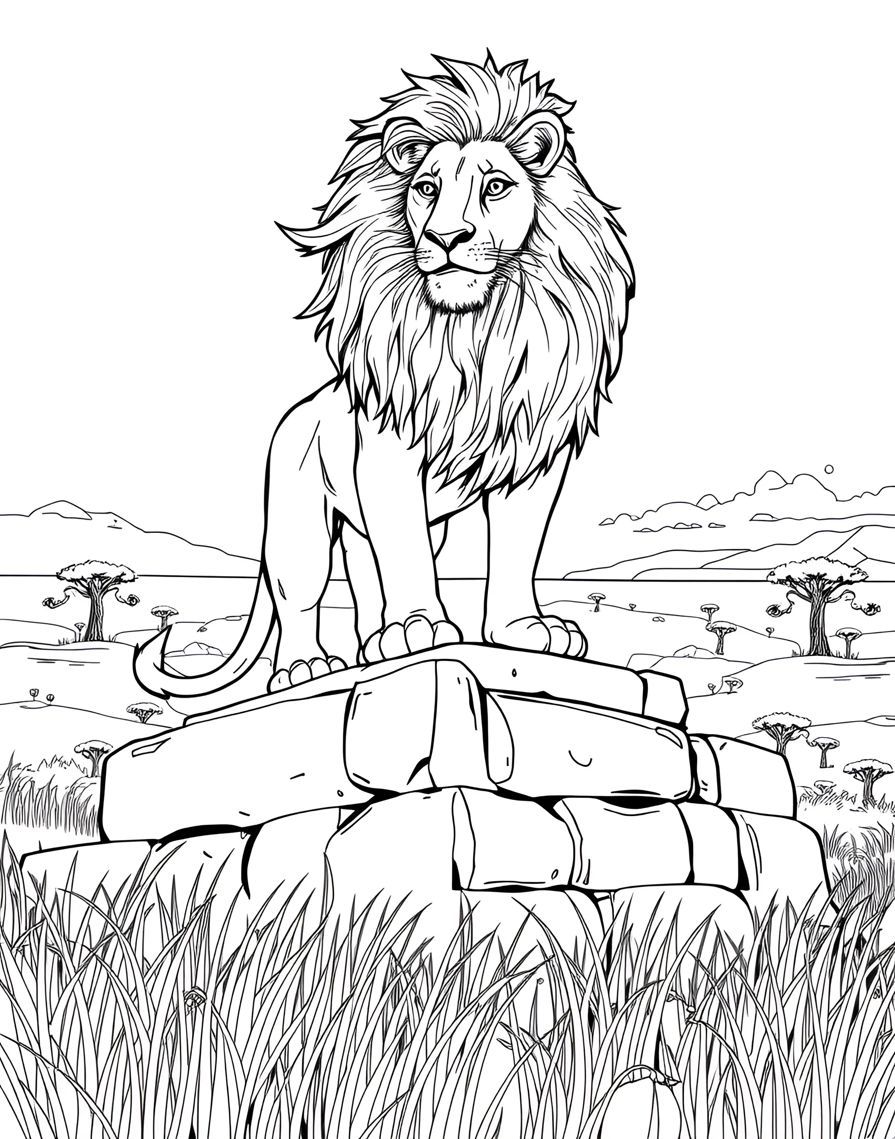 Lion Guarding Ancient Ruins Coloring Page -- prompt: "A lion standing proudly in front of ancient stone ruins in a savanna landscape." -- This mysterious coloring page depicts a majestic lion standing guard in front of ancient stone ruins. The scene evokes a sense of history and legend, perfect for those who enjoy coloring imaginative and slightly fantastical animal scenes.