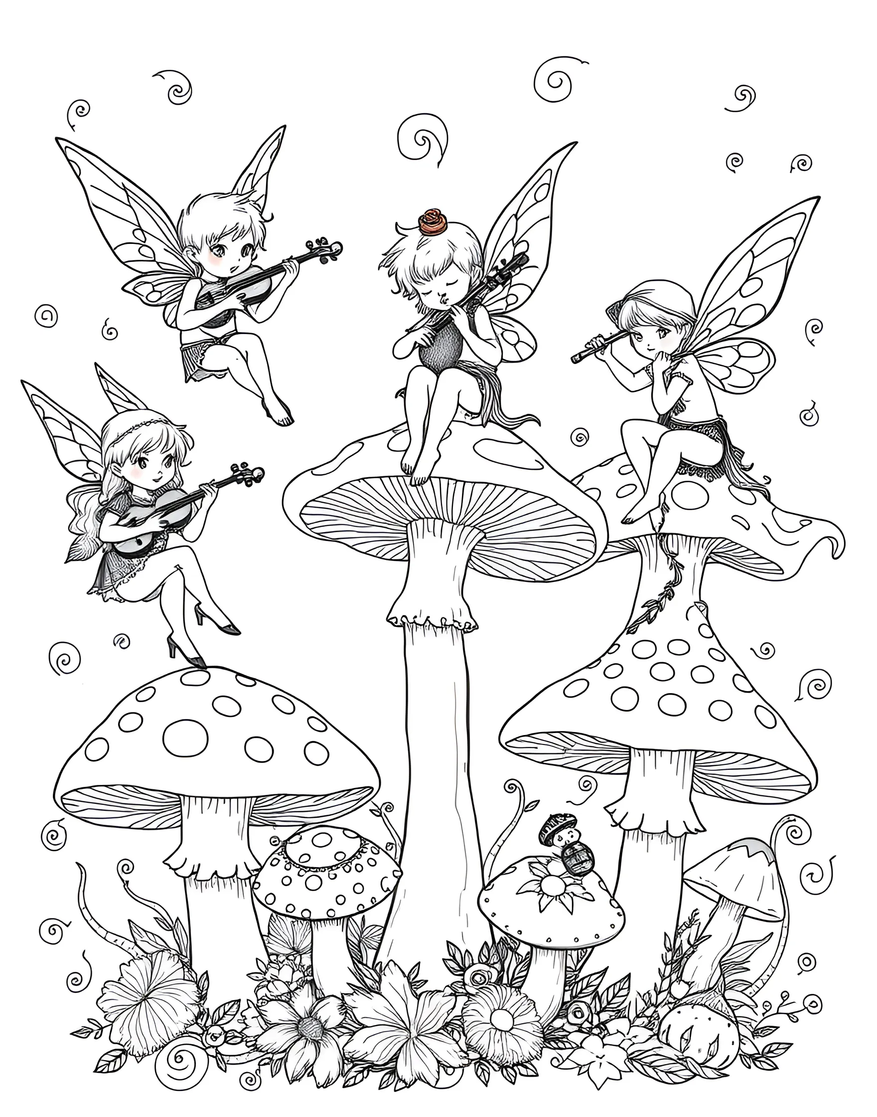 Mushroom Pixie Orchestra Coloring Page -- prompt: "A group of pixies playing various musical instruments while sitting on different types of mushrooms." -- Delight in the whimsy of a mushroom pixie orchestra with this charming coloring page. Tiny pixies play various instruments while perched atop different mushrooms, creating a magical musical scene. This page is perfect for music lovers and those who enjoy fantastical, detailed illustrations.