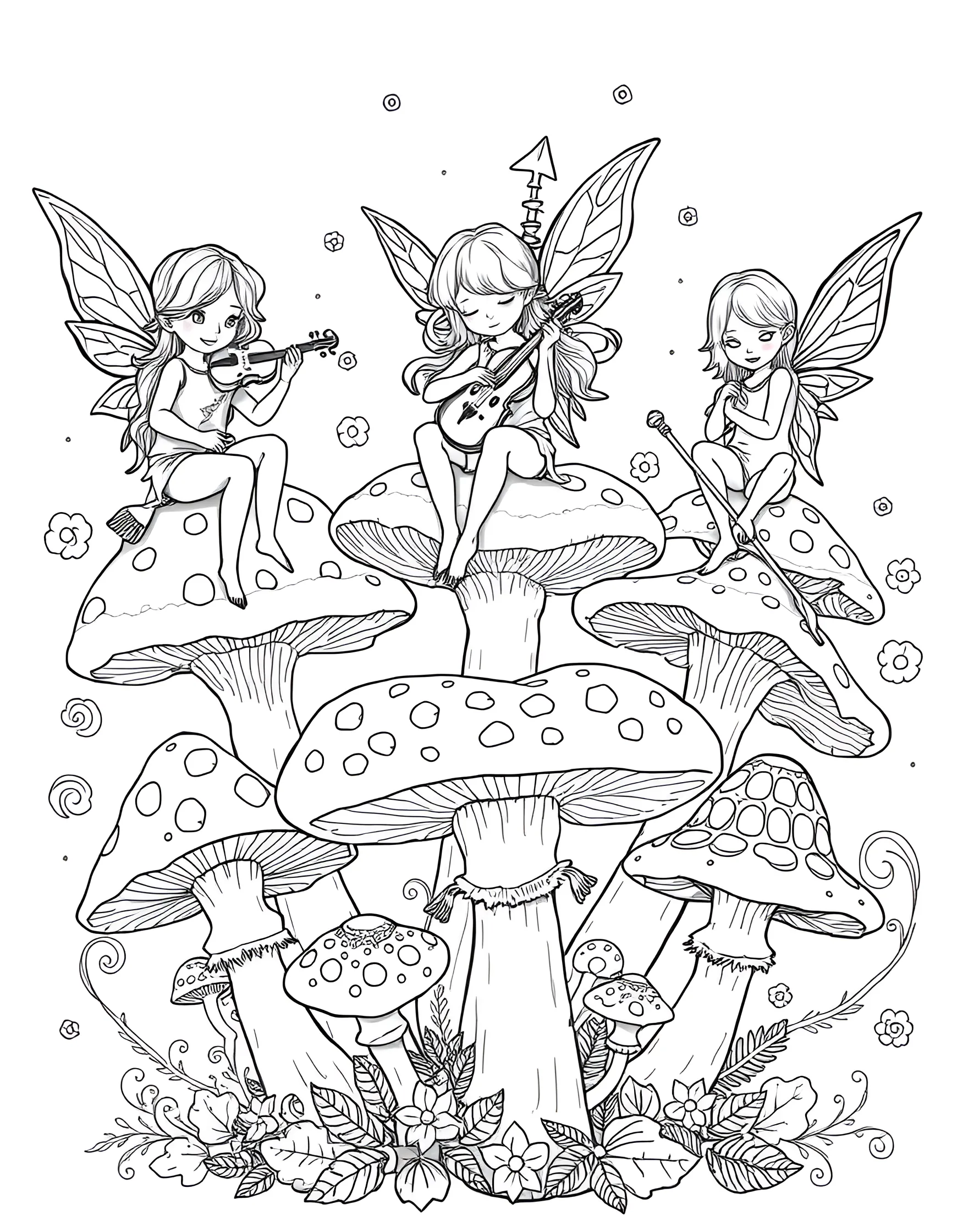 Mushroom Pixie Orchestra Coloring Page -- prompt: "A group of pixies playing various musical instruments while sitting on different types of mushrooms." -- Delight in the whimsy of a mushroom pixie orchestra with this charming coloring page. Tiny pixies play various instruments while perched atop different mushrooms, creating a magical musical scene. This page is perfect for music lovers and those who enjoy fantastical, detailed illustrations.