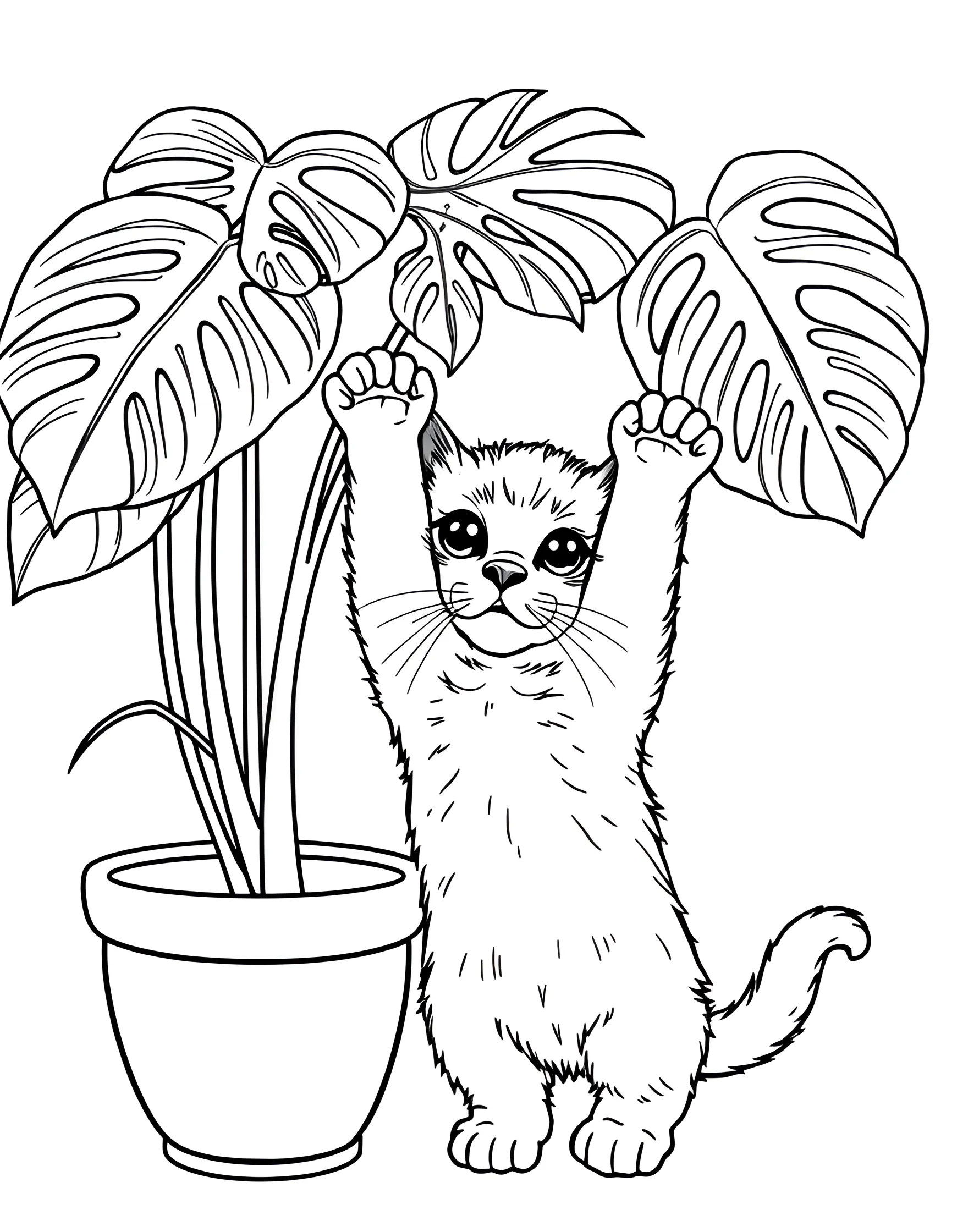 Mischievous Kitten with House Plant Coloring Page -- prompt: "A kitten reaching up to bat at the leaves of a potted indoor plant." -- This amusing coloring page shows a playful kitten interacting with a potted house plant. The kitten's curious expression and raised paw suggest it's about to cause some harmless mischief. It's a delightful scene that captures the innocent troublemaking of young cats.