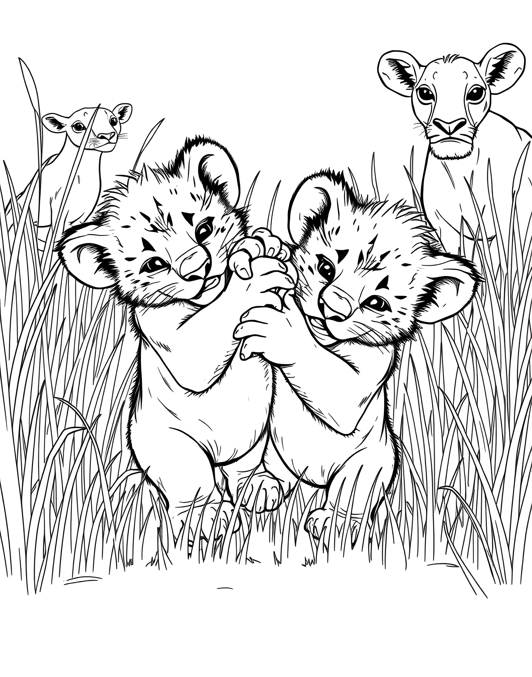 Lion Cubs Playfighting Coloring Page -- prompt: "Two lion cubs playfighting, rolling around together in the grass of the savanna." -- This lively coloring page showcases two lion cubs engaged in a playful tussle. Their limbs are intertwined as they practice important skills through play. It's a dynamic scene that's perfect for those who enjoy bringing movement and energy to their coloring.