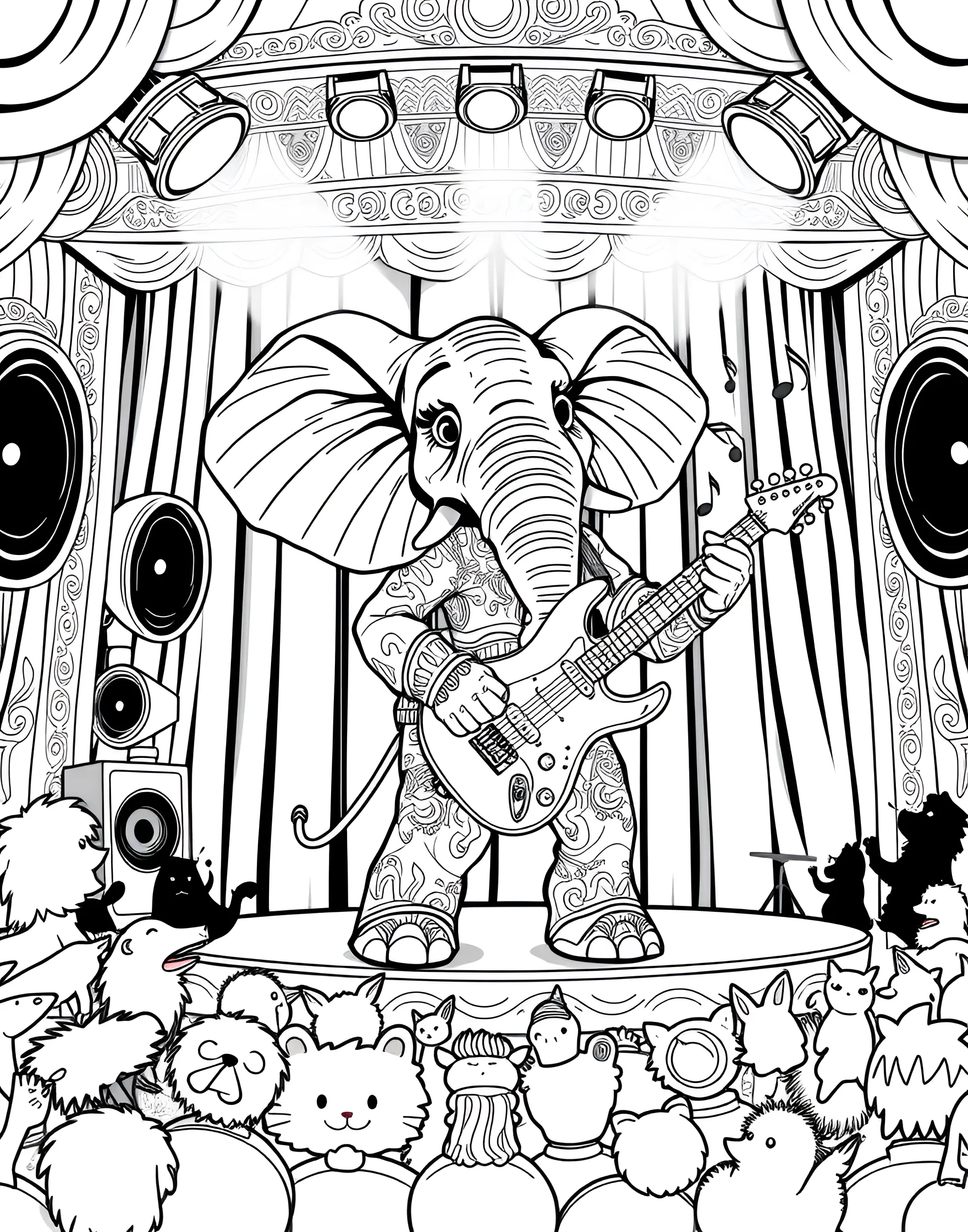 Elephant's Rock Band Performance Coloring Page -- prompt: "An elephant on a stage playing an electric guitar with its trunk, surrounded by speakers and spotlights." -- Get ready to rock with this musical elephant coloring page! Our talented elephant takes center stage, playing an electric guitar with its trunk. Spotlights, speakers, and an enthusiastic crowd set the scene for this elephant's moment of rock stardom.