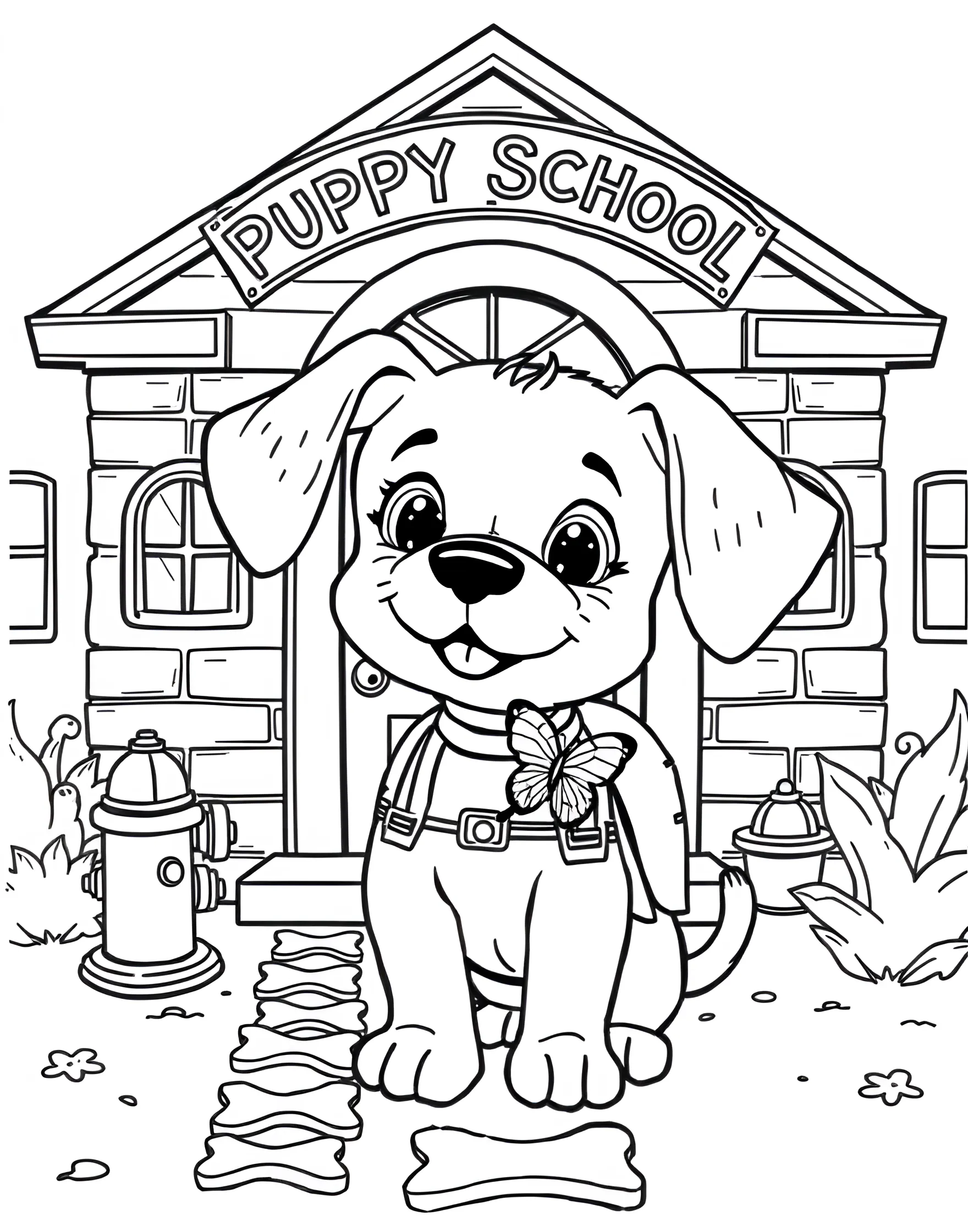 Puppy's First Day of School Coloring Page -- prompt: "A puppy wearing a small backpack and standing in front of a building labeled 'Puppy School'." -- This adorable coloring page features a puppy dressed up for its first day of puppy school. The pup is wearing a small backpack and has a nervous but excited expression. It's a sweet scene that mirrors the experience of children starting school, but with a cute puppy twist.