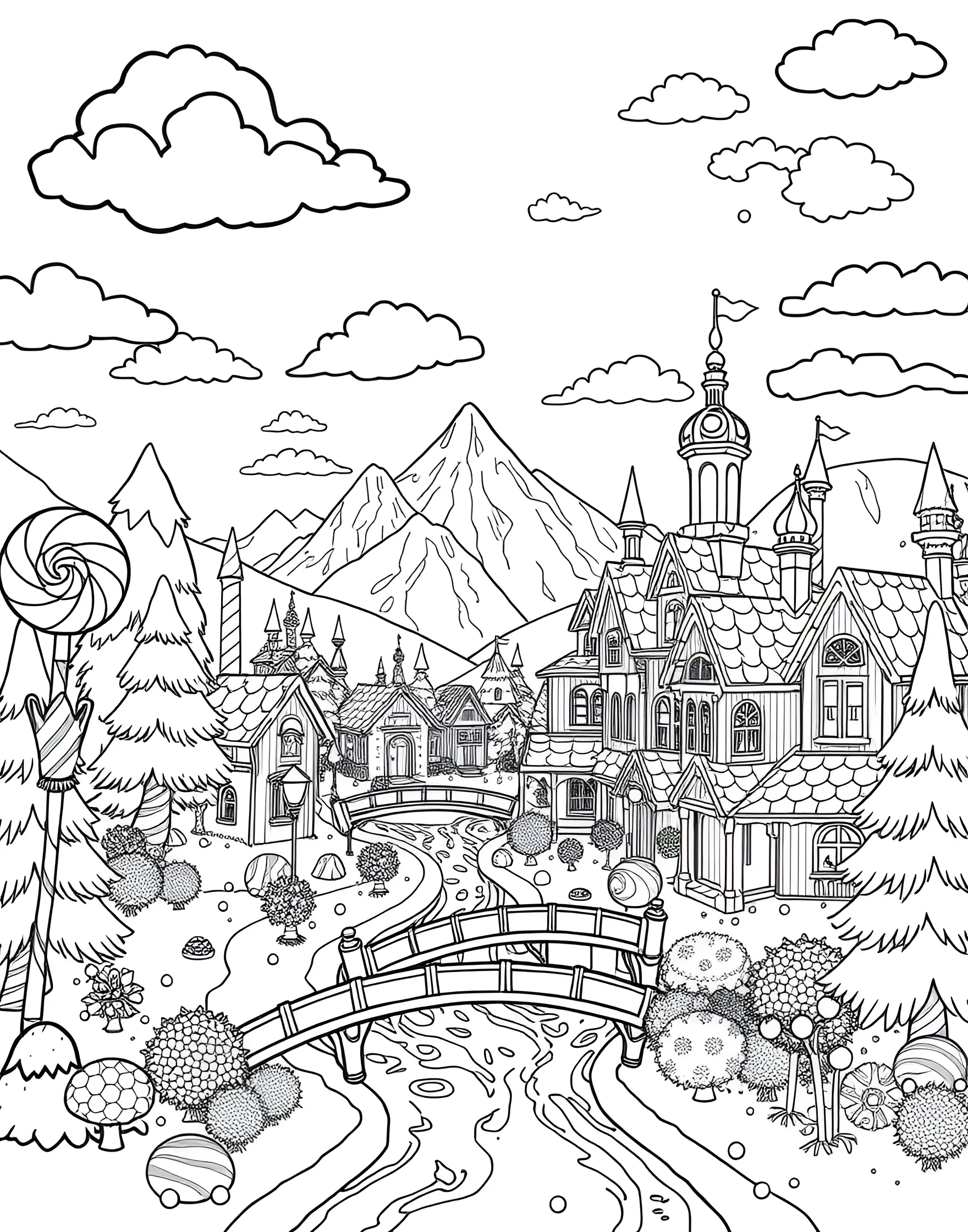 Candy Land Dreams Coloring Page -- prompt: "A fantasy landscape made entirely of various candies and sweets." -- Step into a world of sweets with this candy-themed coloring page. Lollipops, gumdrops, and candy canes create a fantastical landscape. It's a perfect opportunity to use bright, vibrant colors and let your imagination run wild.