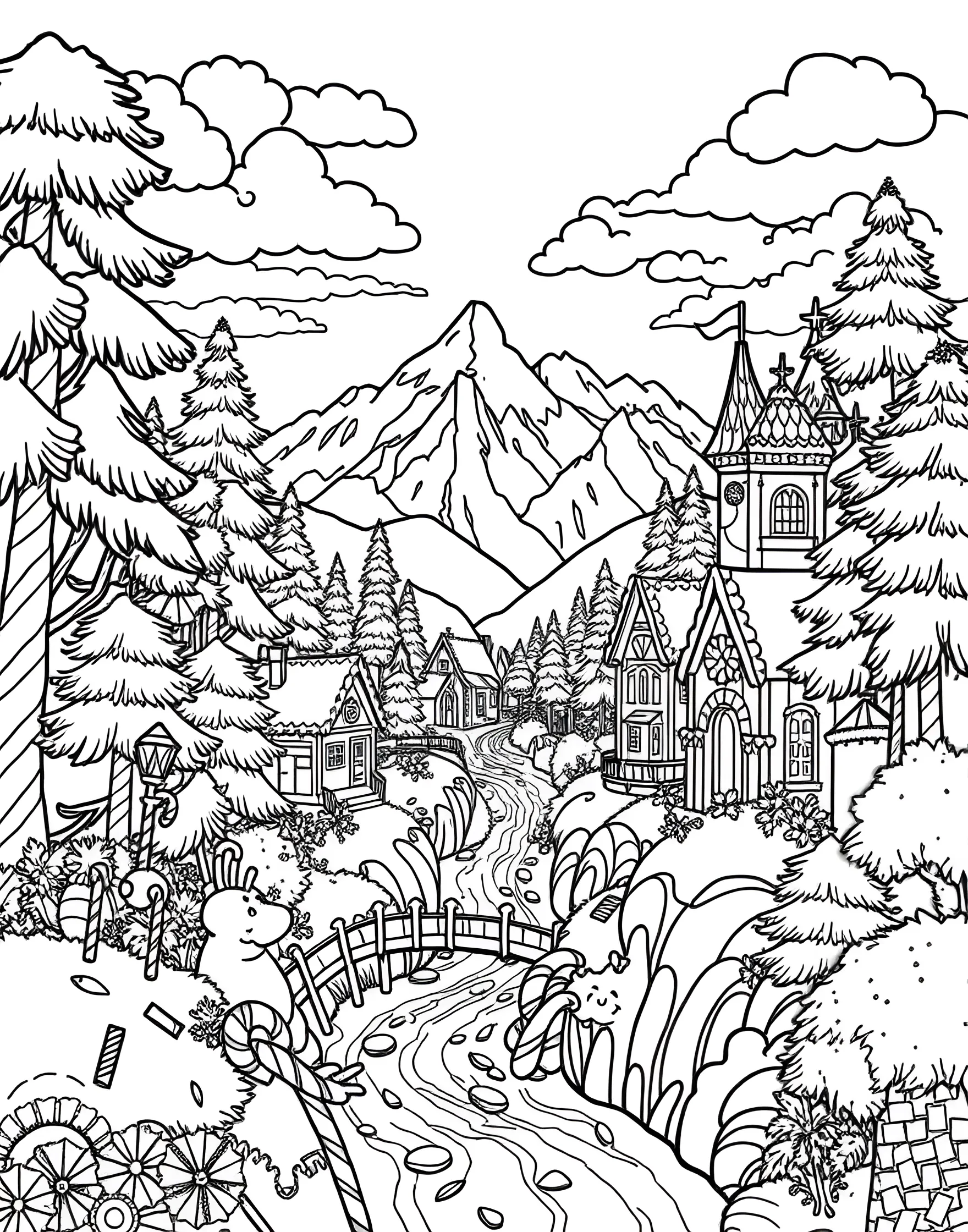 Candy Land Dreams Coloring Page -- prompt: "A fantasy landscape made entirely of various candies and sweets." -- Step into a world of sweets with this candy-themed coloring page. Lollipops, gumdrops, and candy canes create a fantastical landscape. It's a perfect opportunity to use bright, vibrant colors and let your imagination run wild.