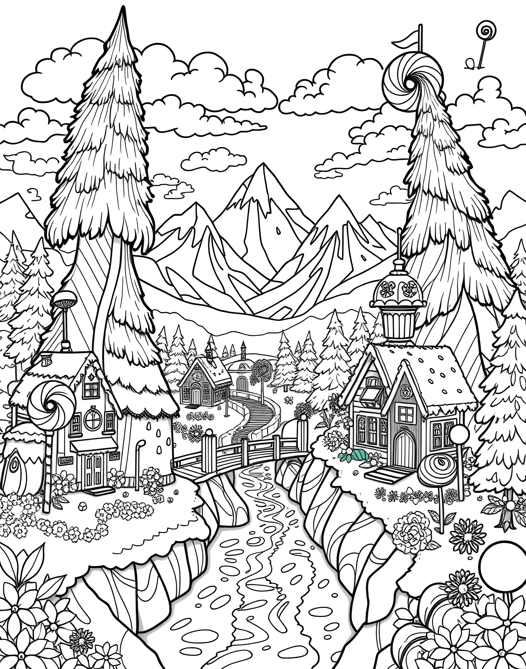 Candy Land Dreams Coloring Page -- prompt: "A fantasy landscape made entirely of various candies and sweets." -- Step into a world of sweets with this candy-themed coloring page. Lollipops, gumdrops, and candy canes create a fantastical landscape. It's a perfect opportunity to use bright, vibrant colors and let your imagination run wild.