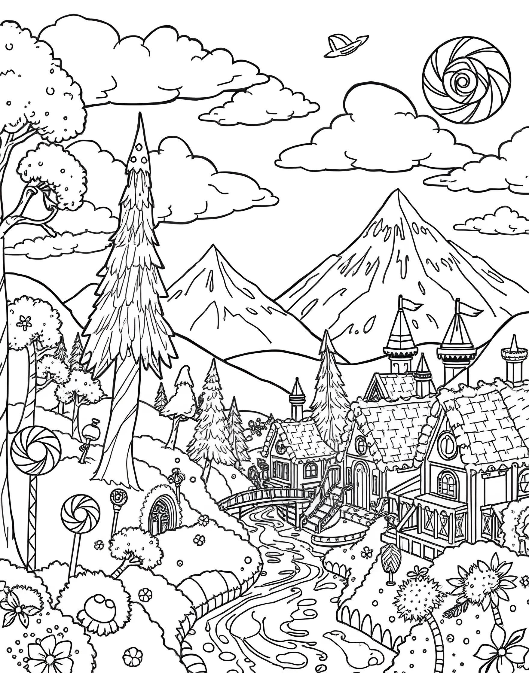 Candy Land Dreams Coloring Page -- prompt: "A fantasy landscape made entirely of various candies and sweets." -- Step into a world of sweets with this candy-themed coloring page. Lollipops, gumdrops, and candy canes create a fantastical landscape. It's a perfect opportunity to use bright, vibrant colors and let your imagination run wild.